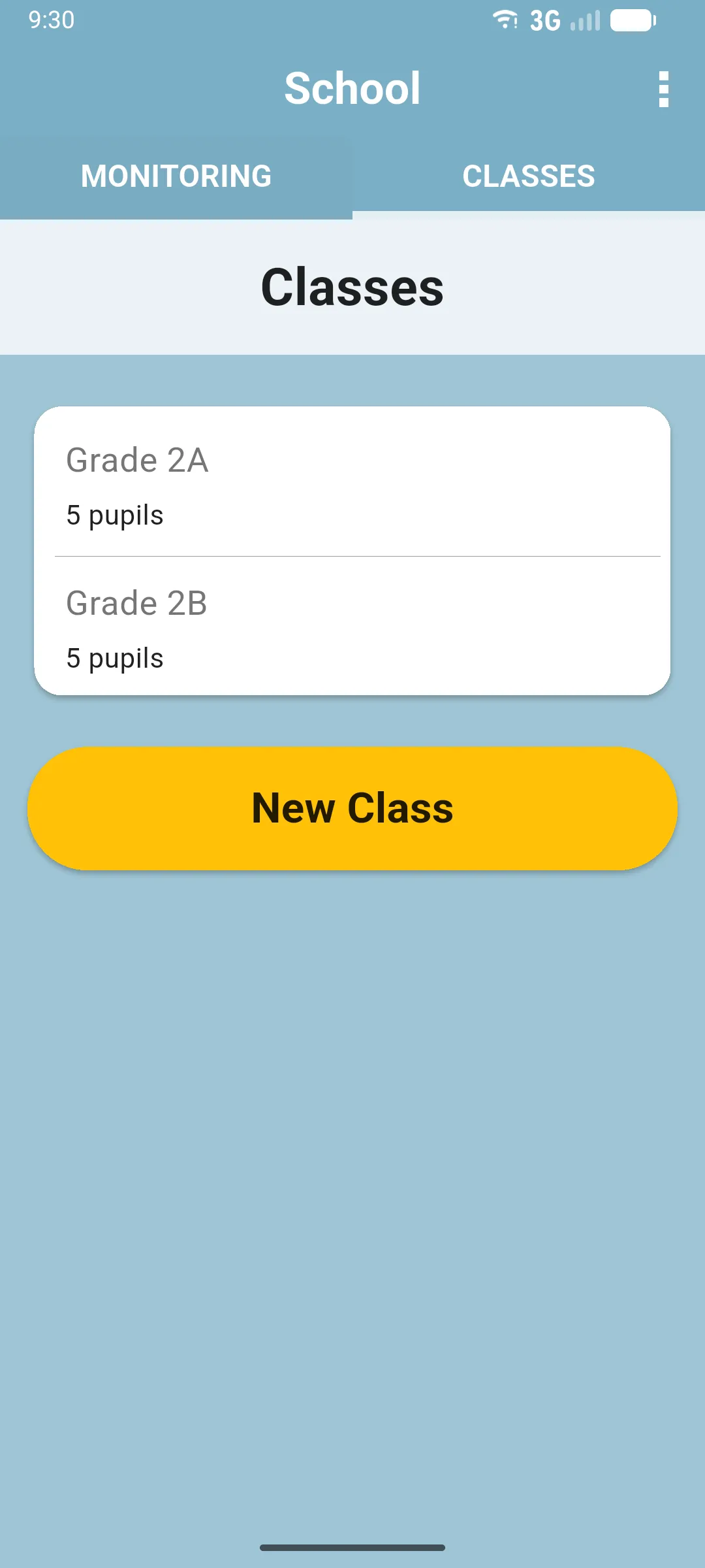 Regular teacher's CLASSES tab showing only their own classes with a New Class button