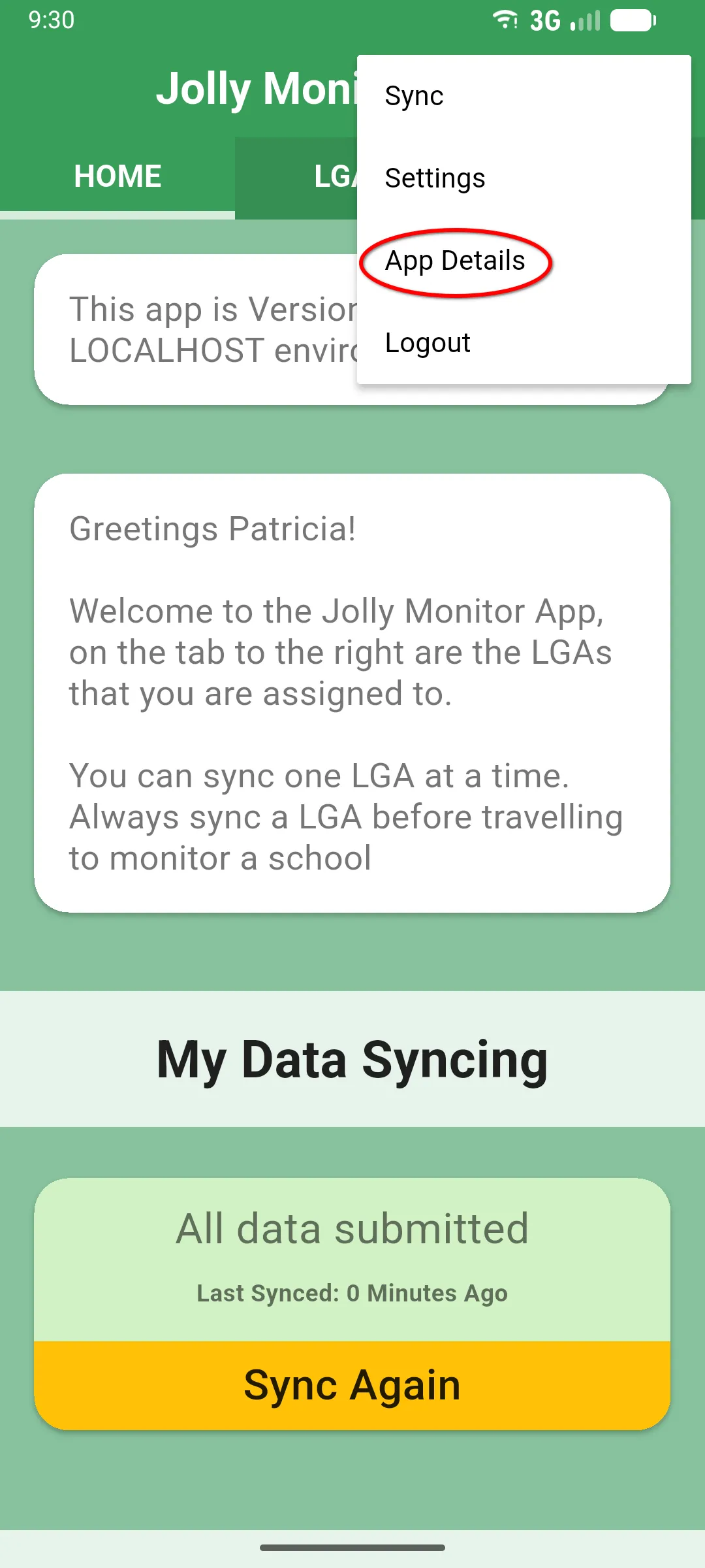 Jolly Monitor Home screen with the three-dot menu open