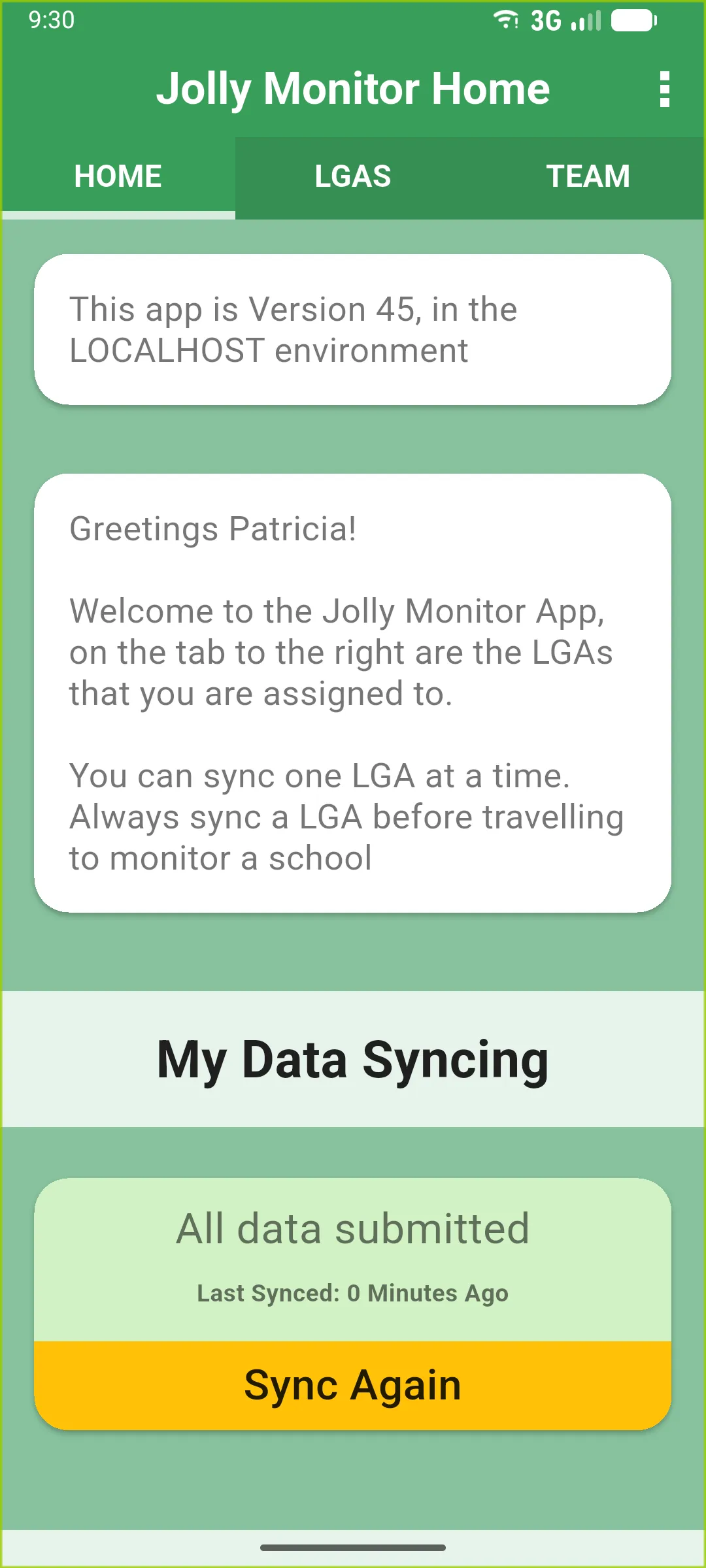 Home tab on the Jolly Monitor Home screen with a welcome message and the My Data Syncing card