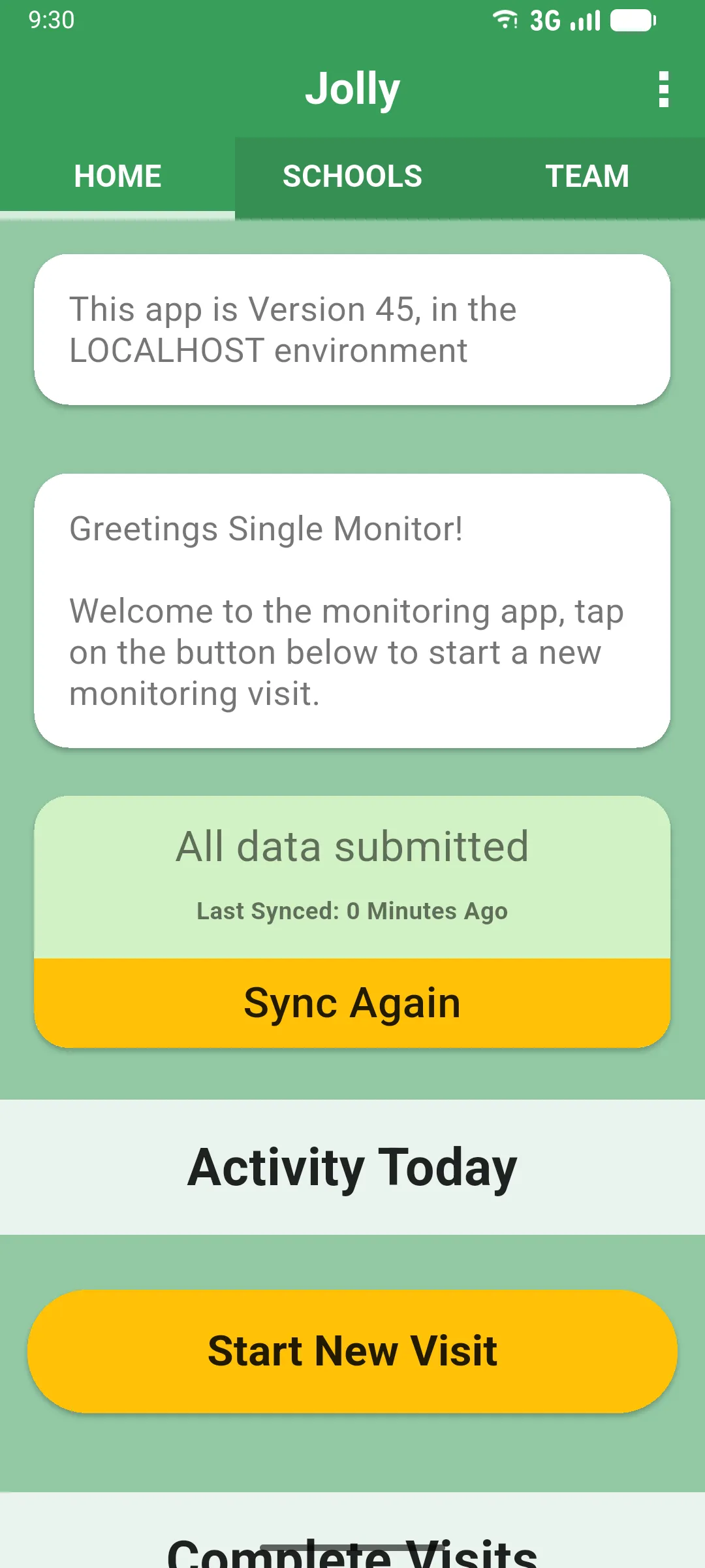 Single-district home with the Jolly title, HOME tab selected and Start New Visit button