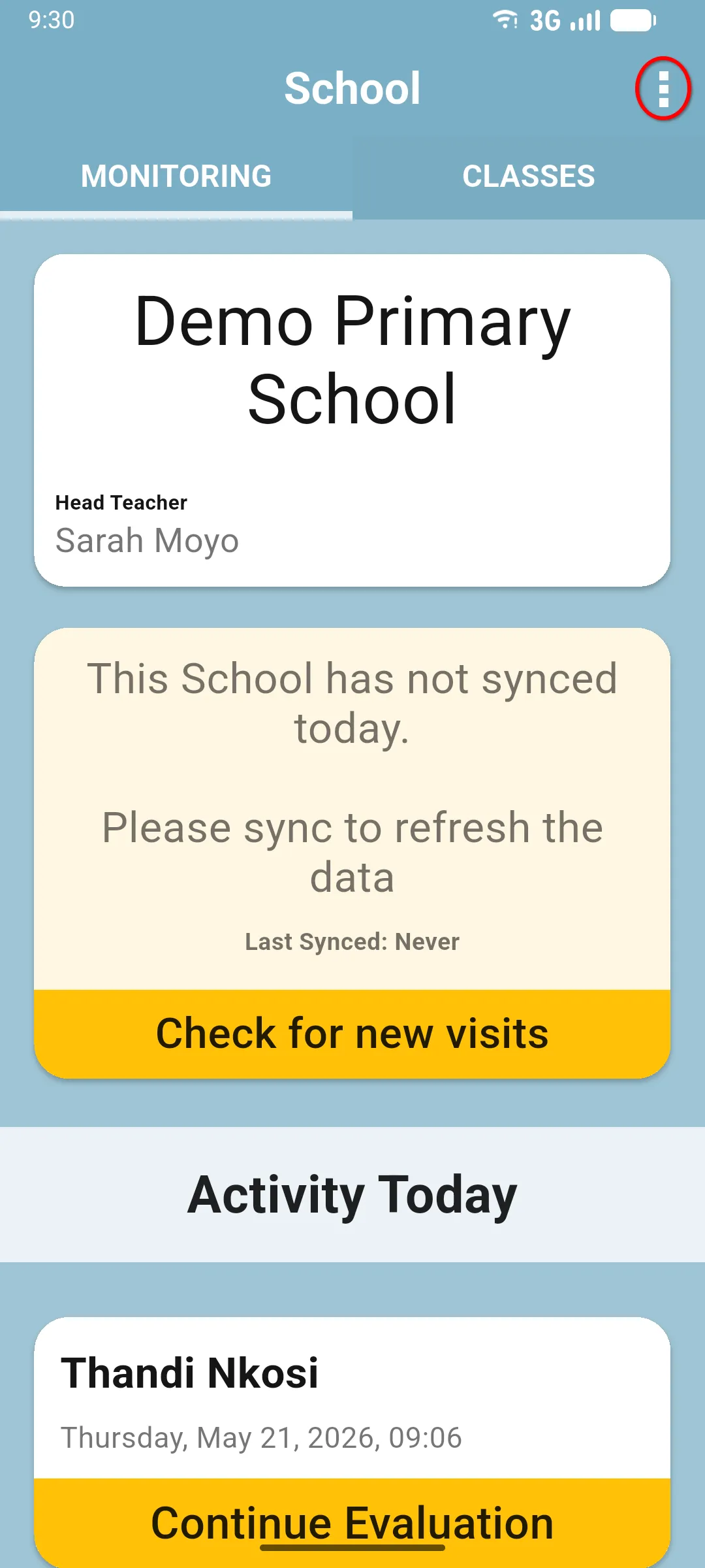 School home screen with the three-dot menu in the top right corner highlighted