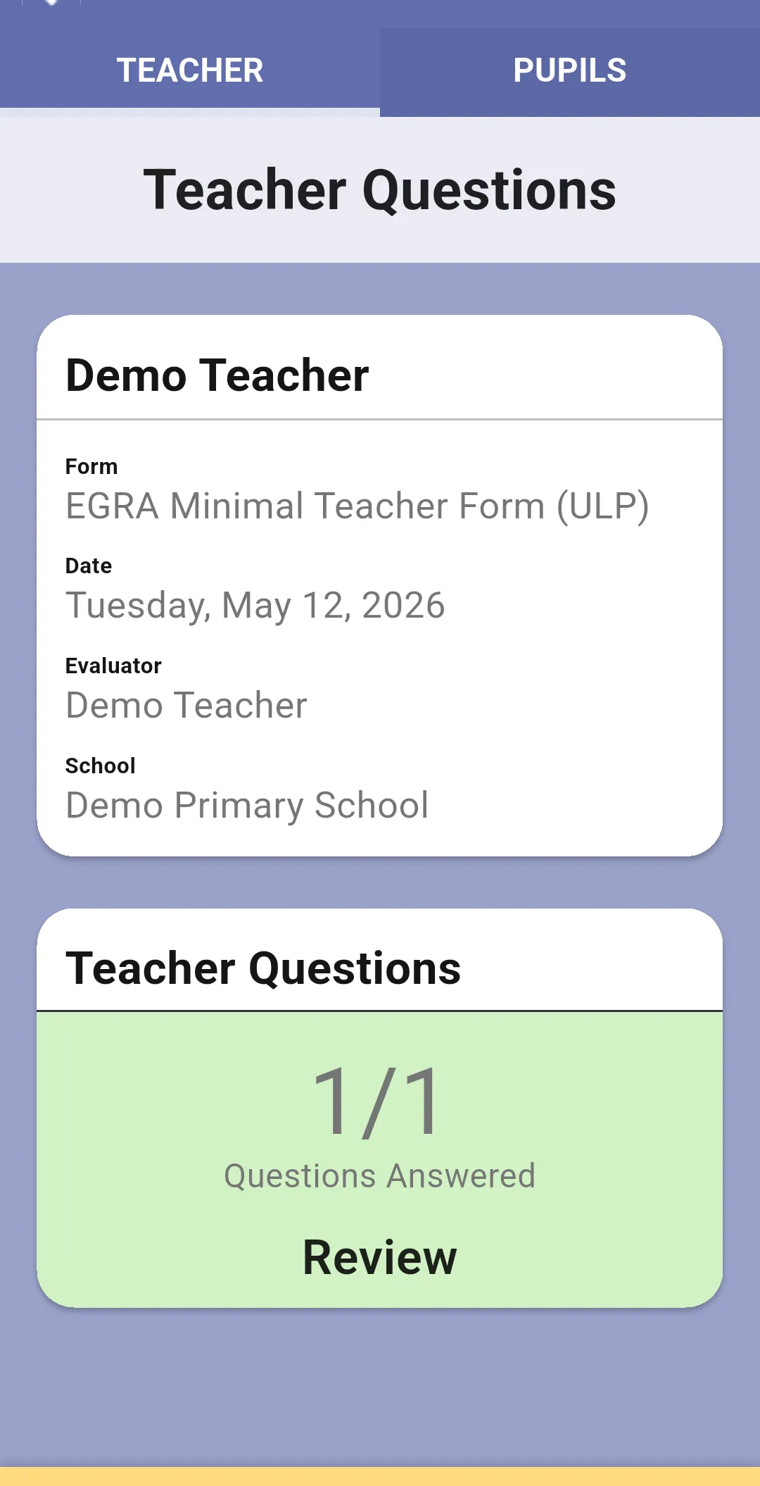 Internal evaluation home with Teacher Questions completed in green and Review button