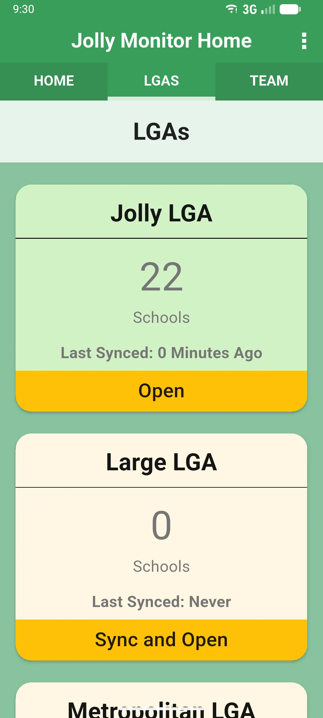 Districts tab showing the district cards with school counts and Open or Sync and Open buttons