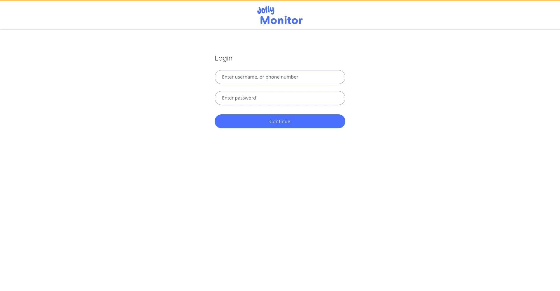 The Jolly Monitor login screen with the username or phone number field, the password field and the Continue button