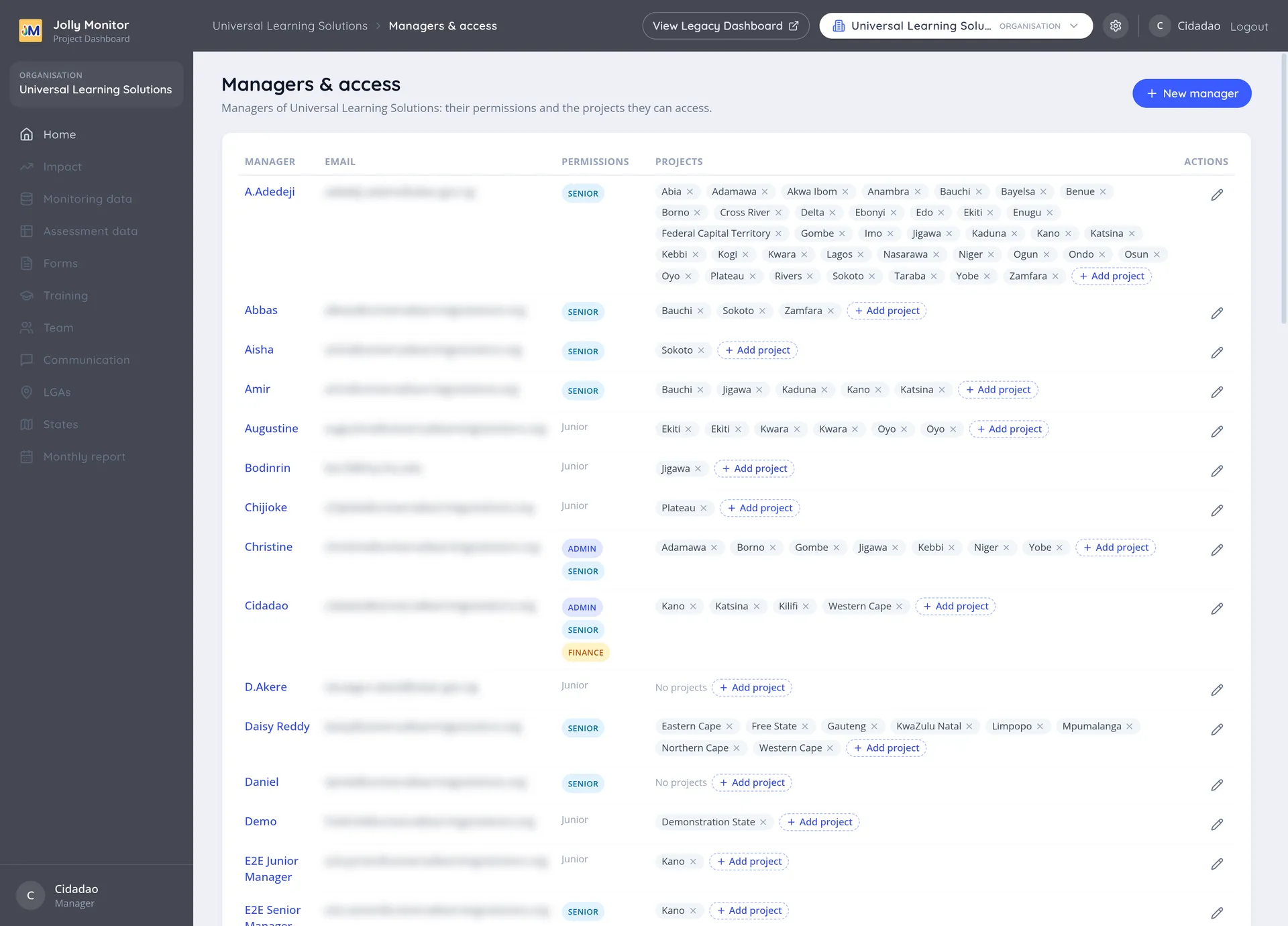 The Managers & access page with the managers table and the New manager button