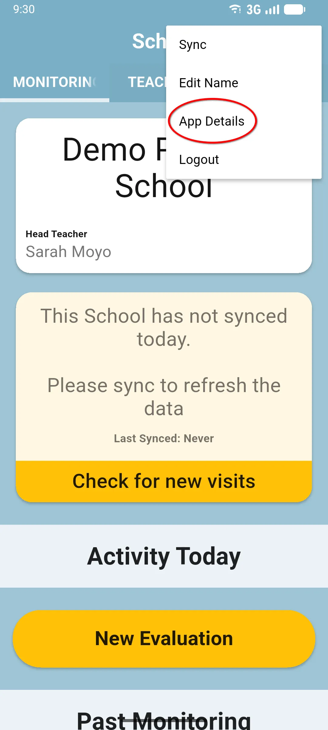 Three-dot menu open on the school home screen with App Details highlighted