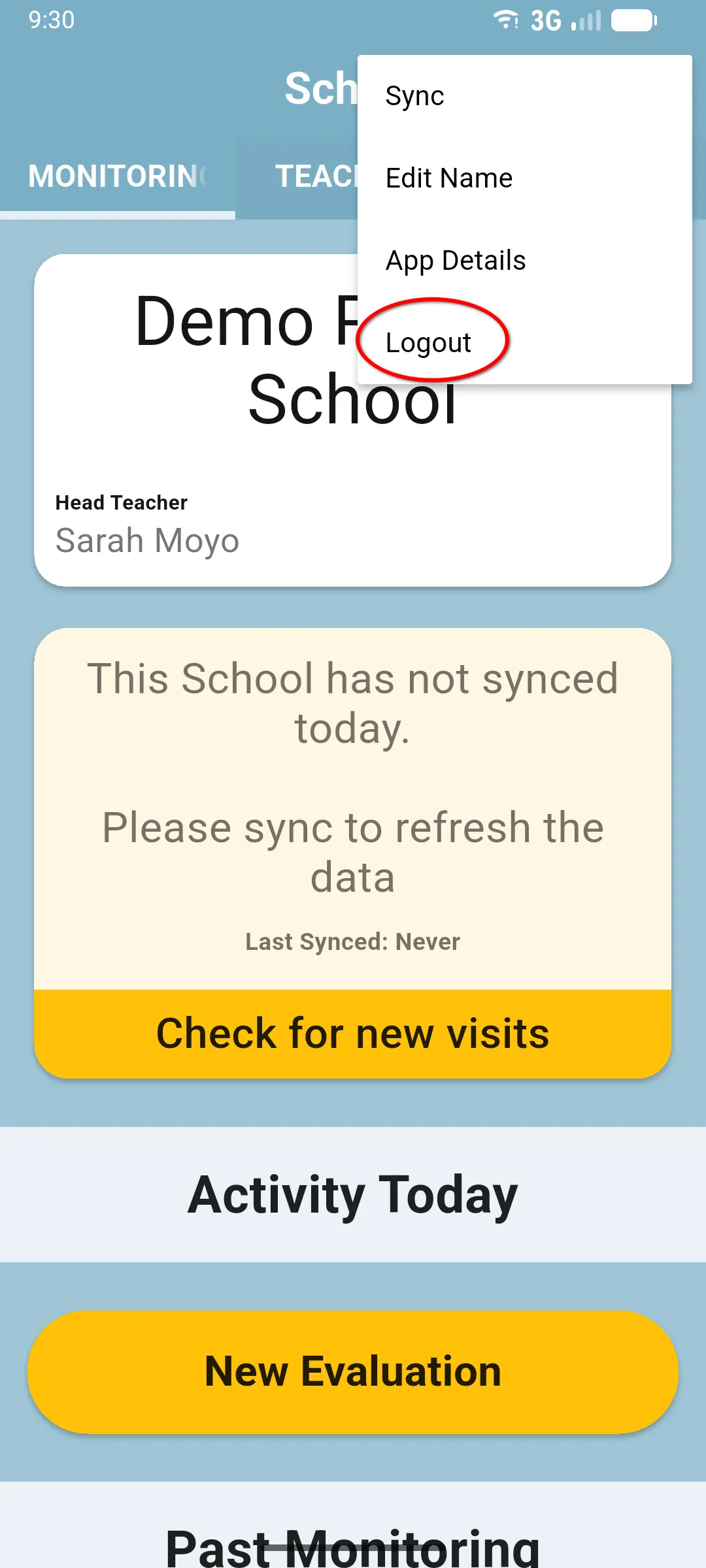 Three-dot menu open on the school home screen with Log Out highlighted