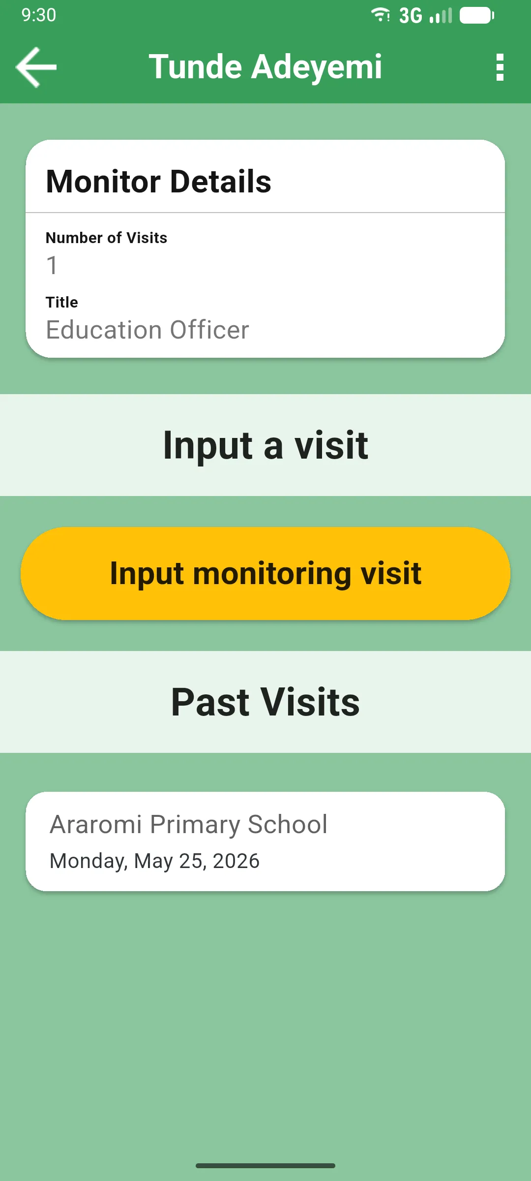 Another monitor's profile with Monitor Details card, Incomplete Visits section, Input a visit button and Past Visits list