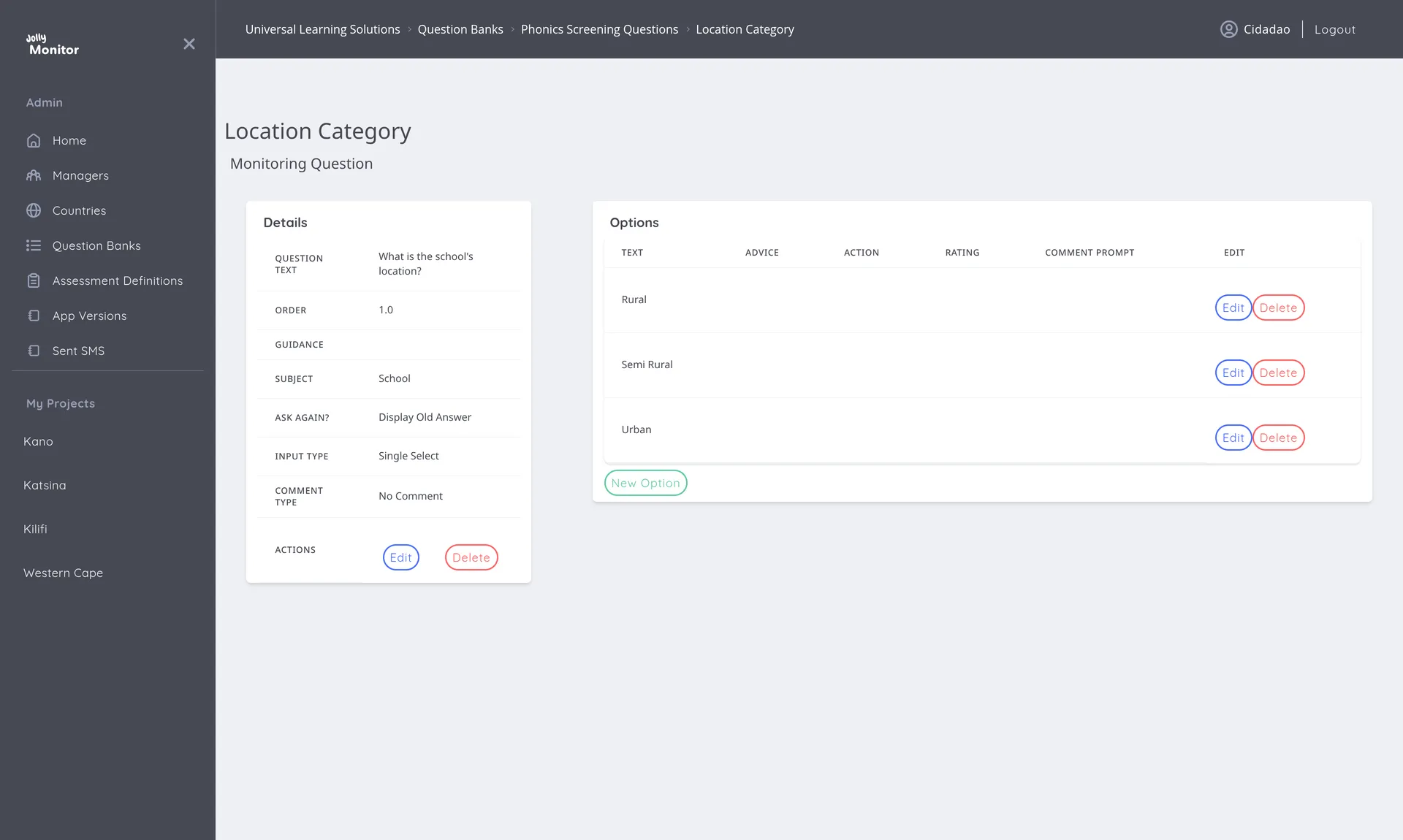 The Monitoring Question view with the Details and Options cards