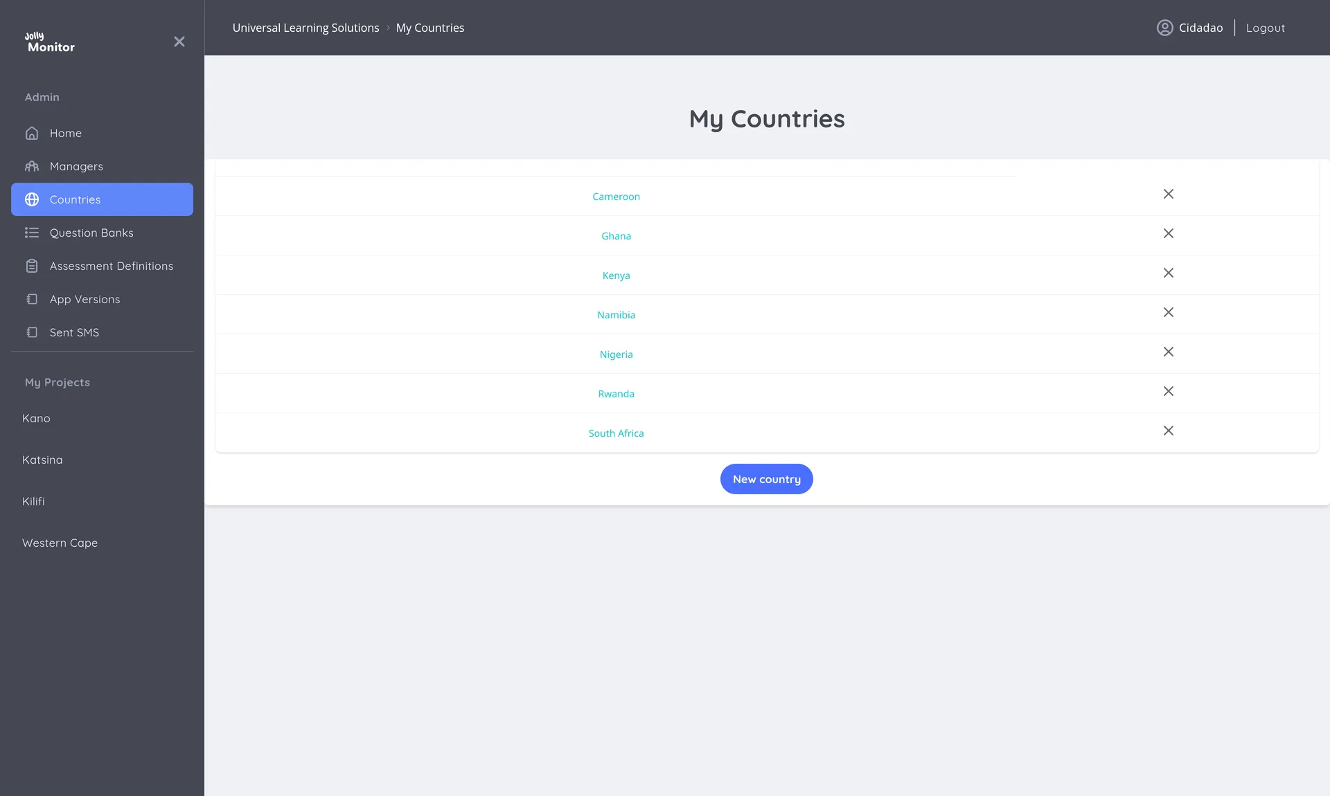 The My Countries page listing countries with the New country button