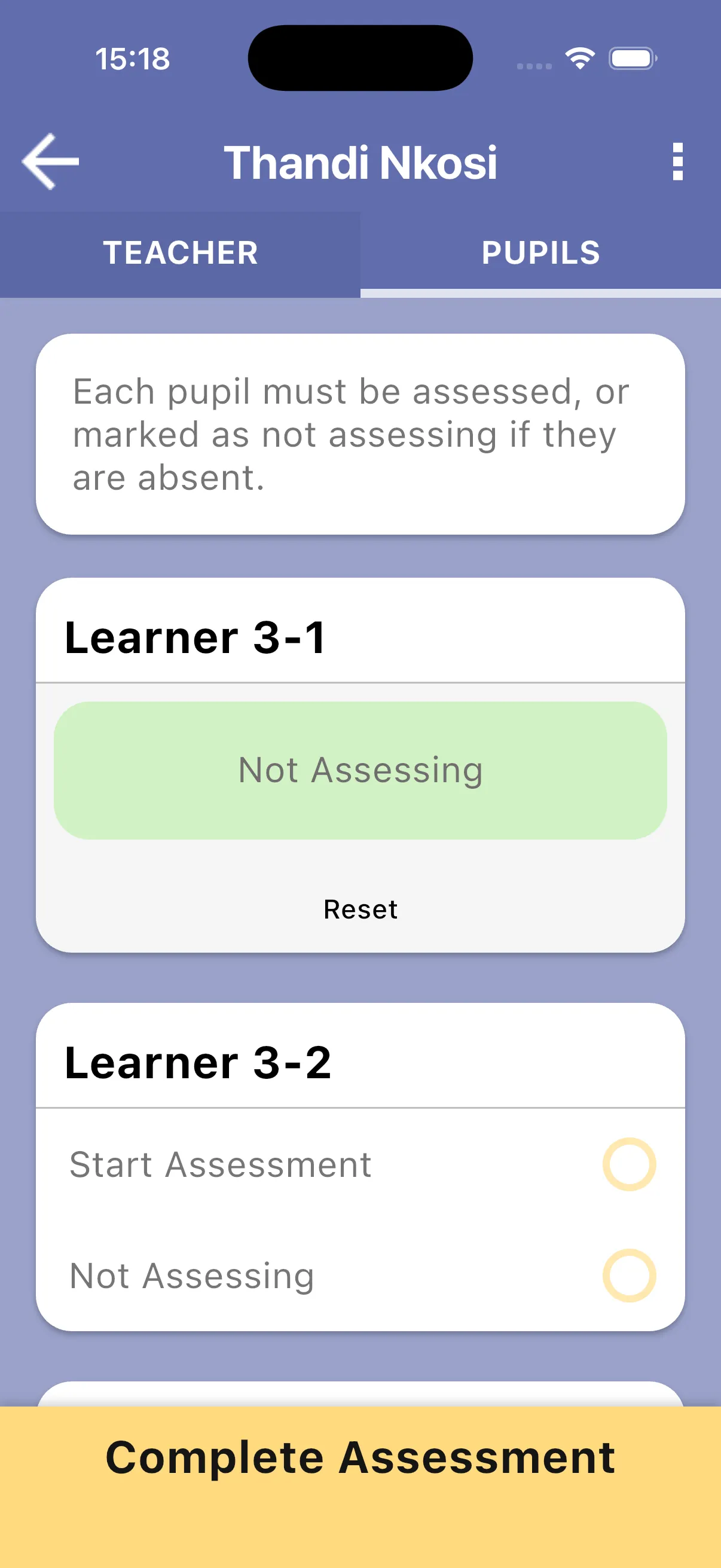 Demo pupil marked Not Assessing with Reset available