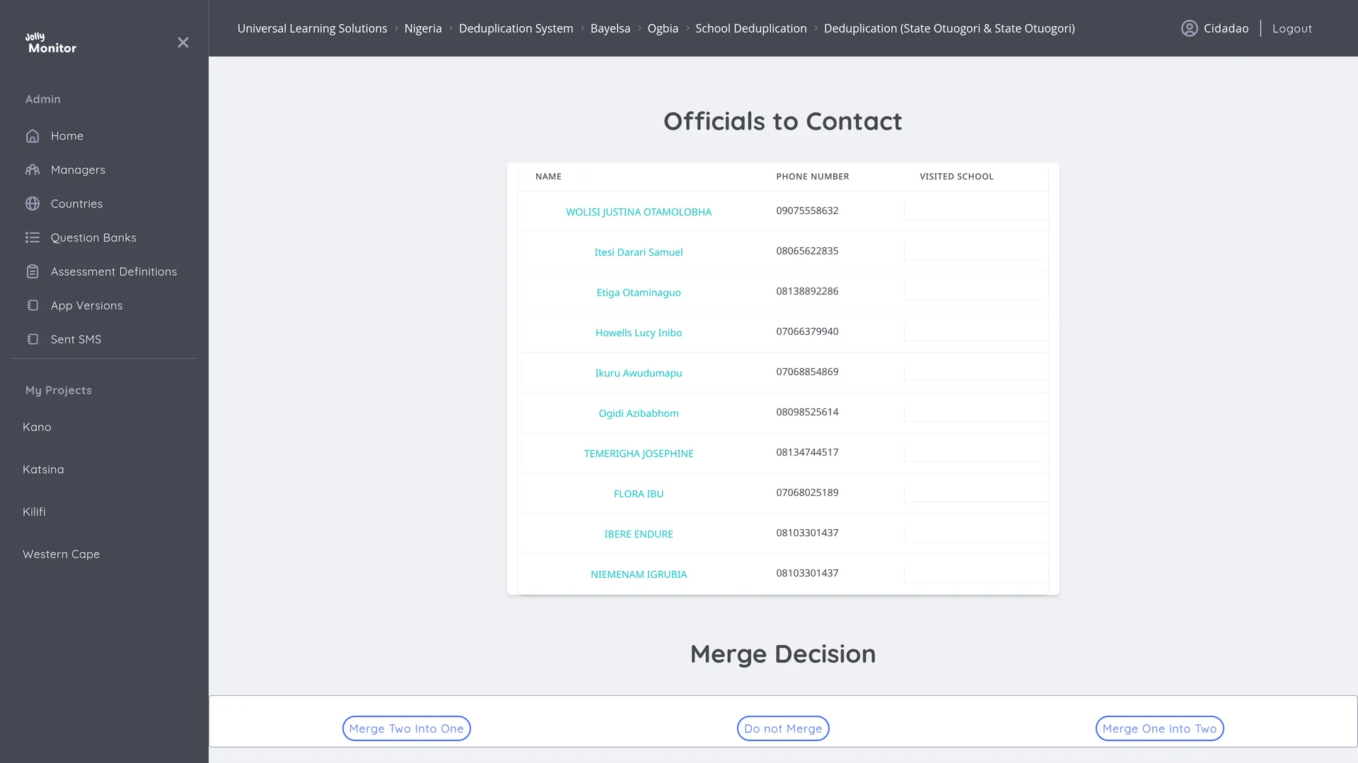 The Officials to Contact card with names, phone numbers and visit dates, above the Merge Decision buttons