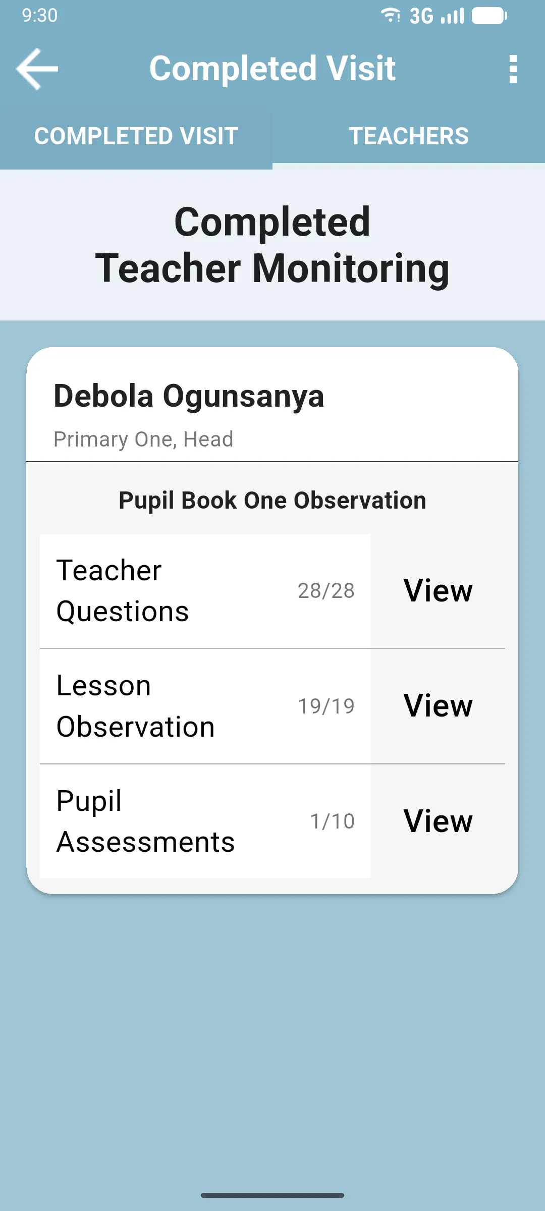 TEACHERS tab of a completed visit, listing each monitored teacher with their answers, lesson observation and pupil assessments
