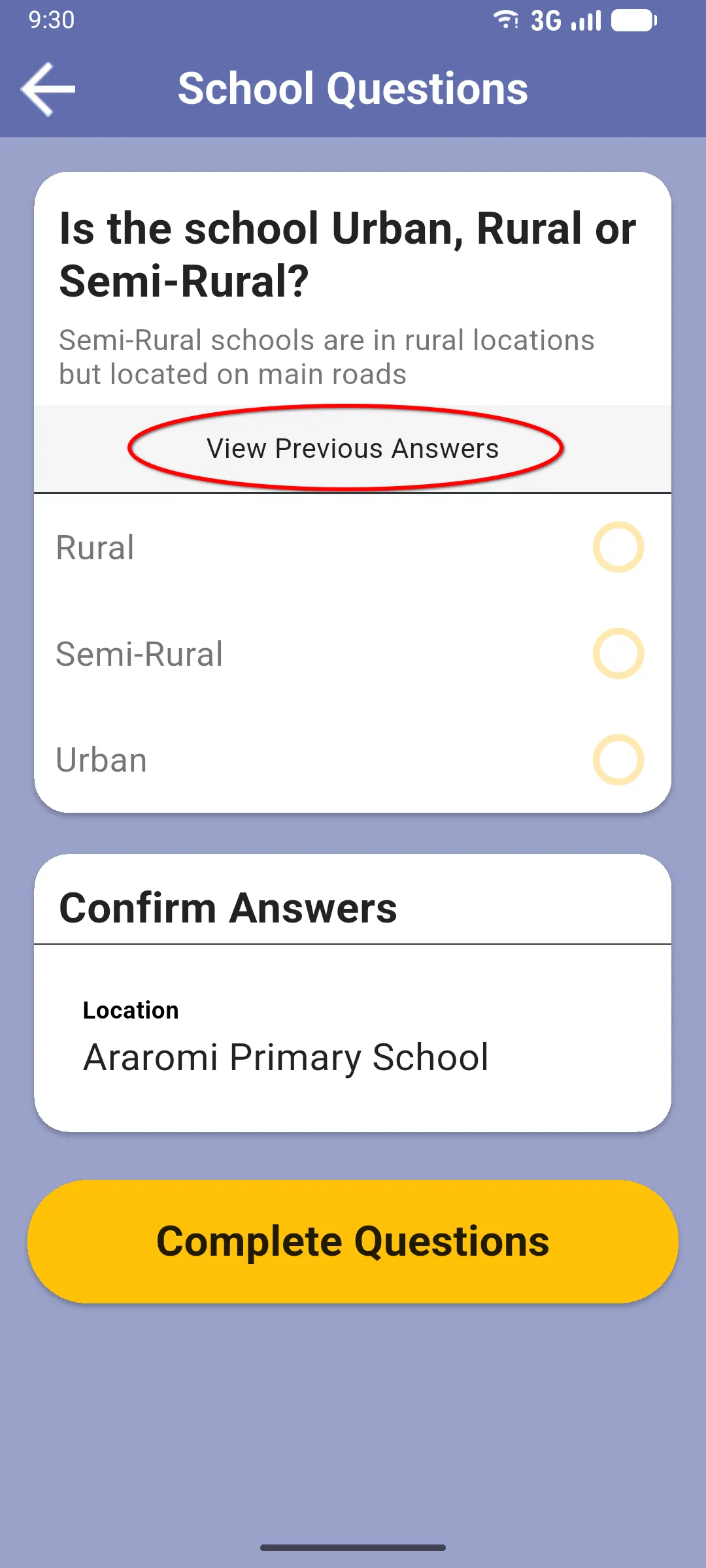 School Questions screen with a question card showing the View Previous Answers link highlighted in red