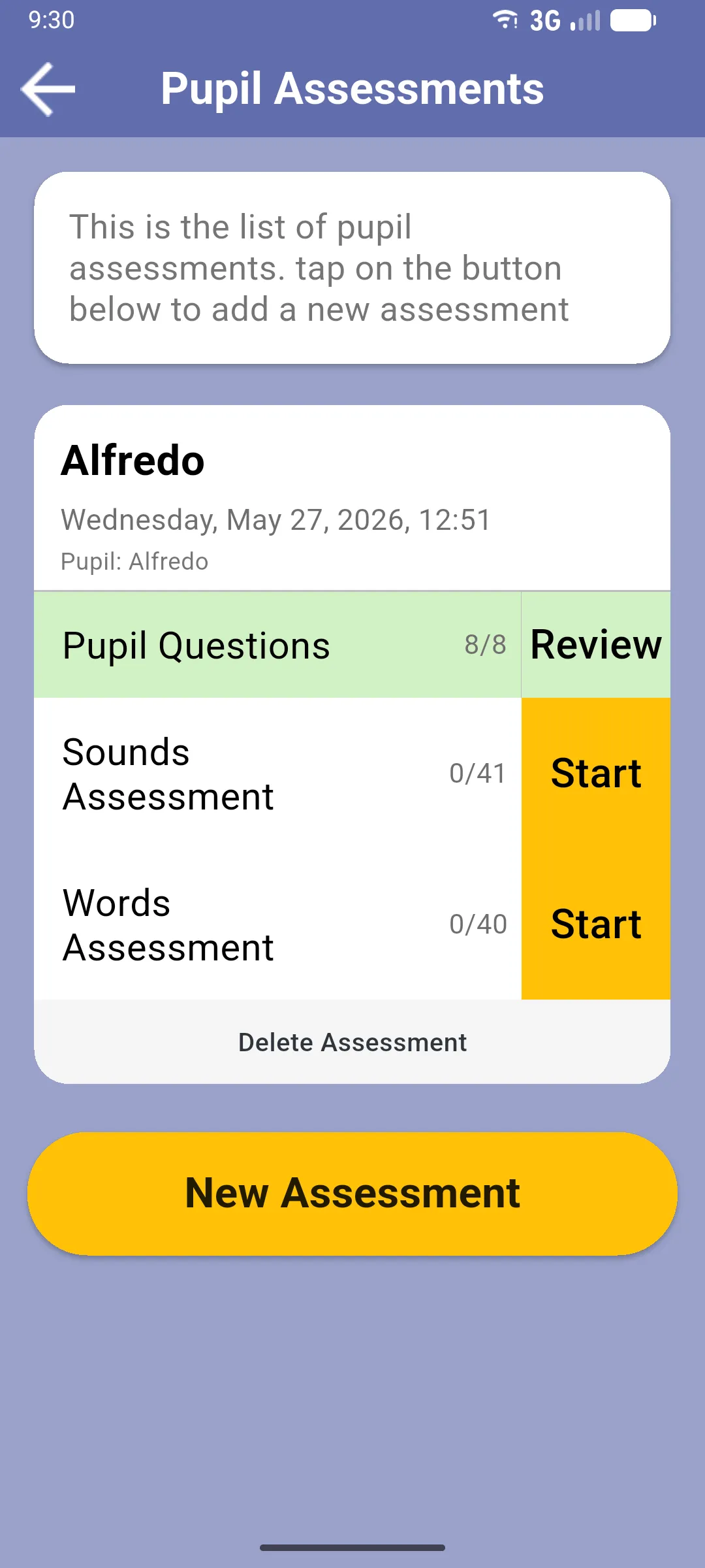 Pupil assessment home with Pupil Questions completed in green and a Review button