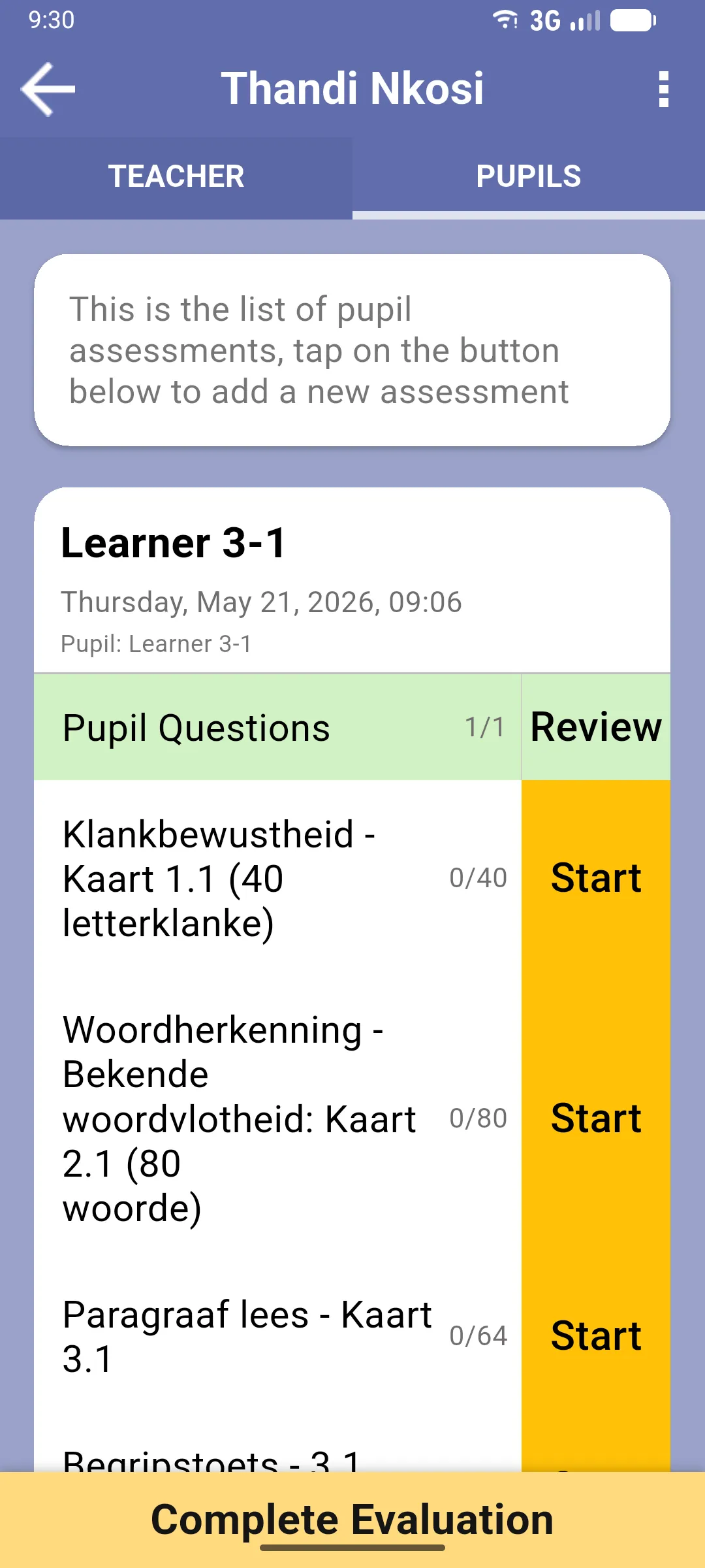 Pupil assessment home with Pupil Questions completed in green and Review button