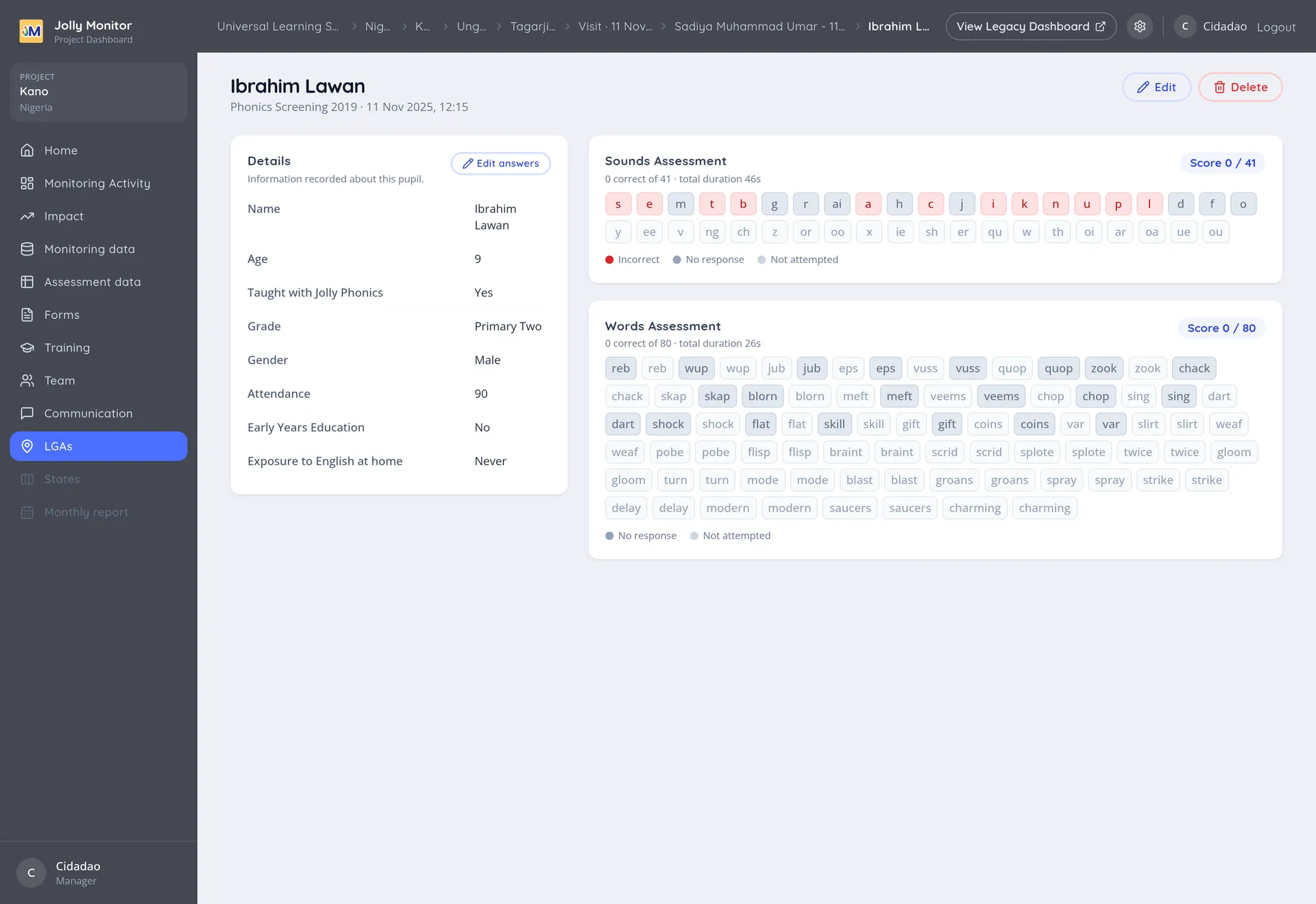 A pupil assessment page showing the recorded scores section by section