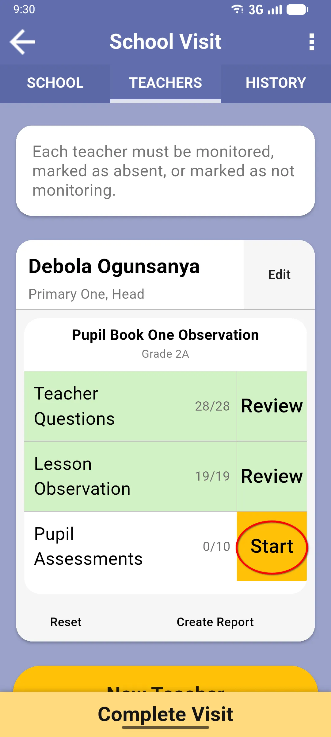 Teacher monitoring sub-card inside the visit with the Pupil Assessments row highlighted, showing 0/10 and a yellow Start button