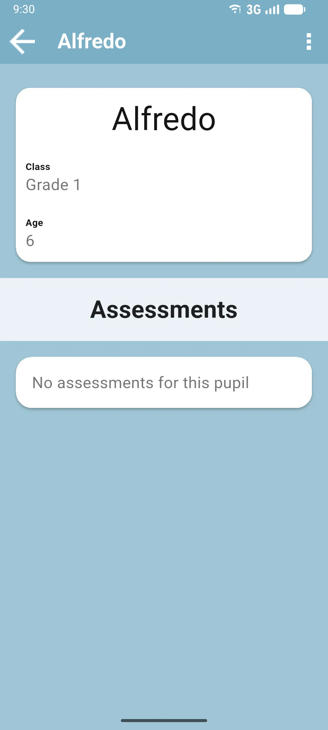 Pupil detail screen for Alfredo showing the name, class Grade 1, age 6 and an empty Assessments section