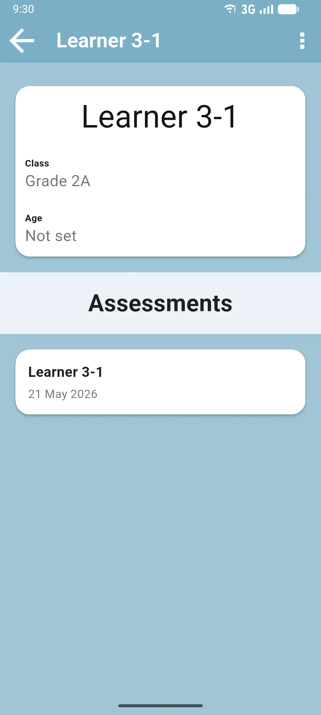 Pupil detail screen with class, age, and the list of assessments