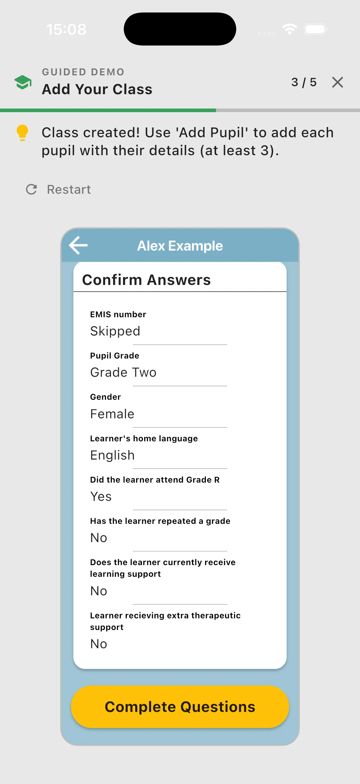 Illustrative pupil information with assigned answers ready to confirm in the practice tutorial