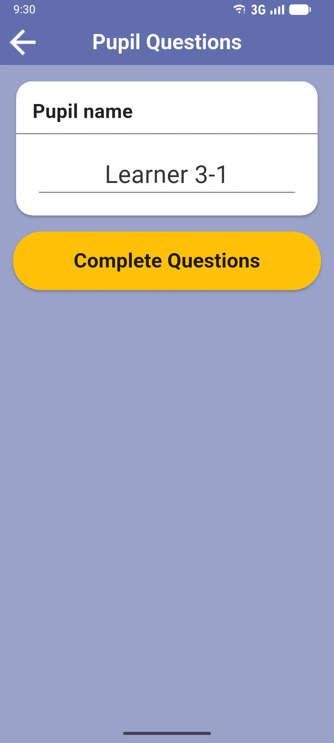 Pupil Questions form with Pupil name field and Complete Questions button