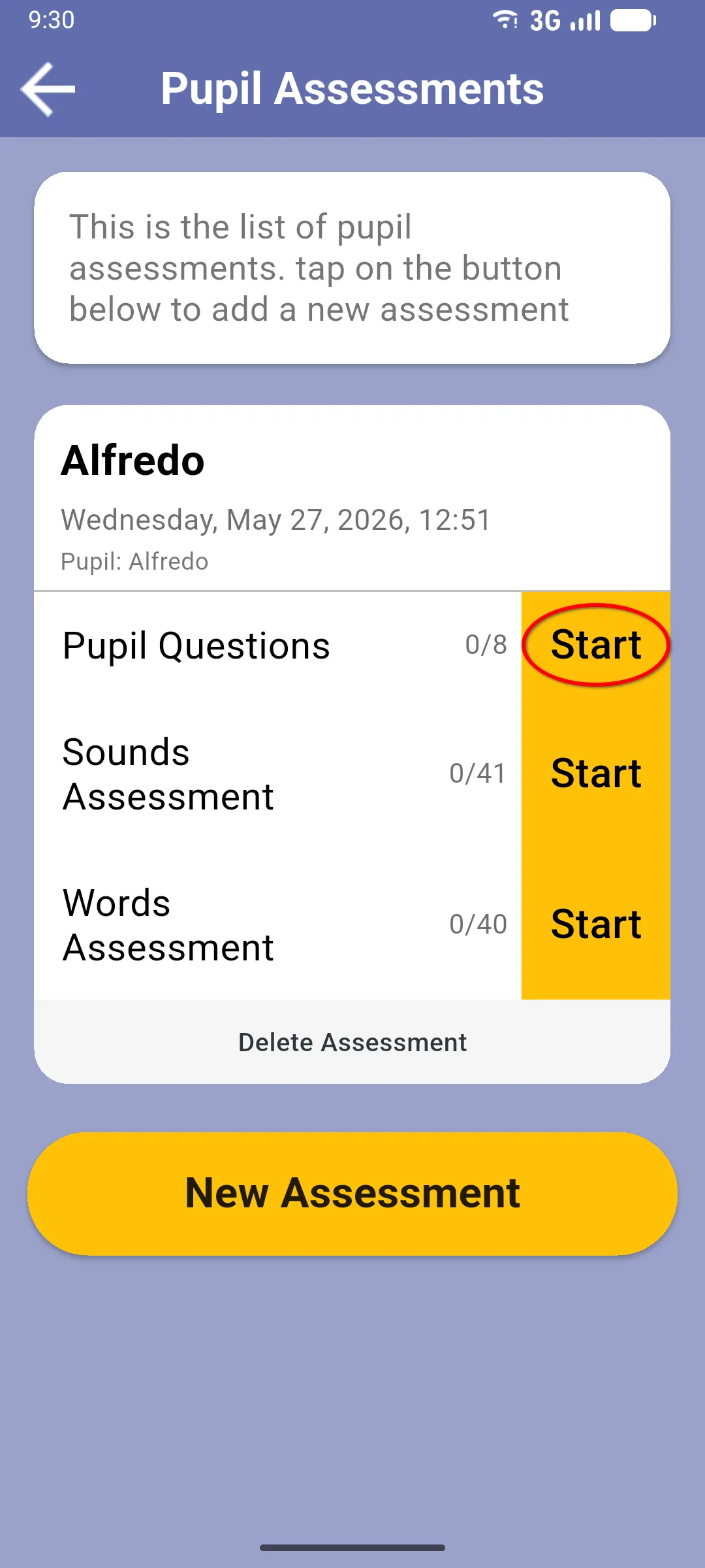 Pupil assessment home with the Pupil Questions row highlighted