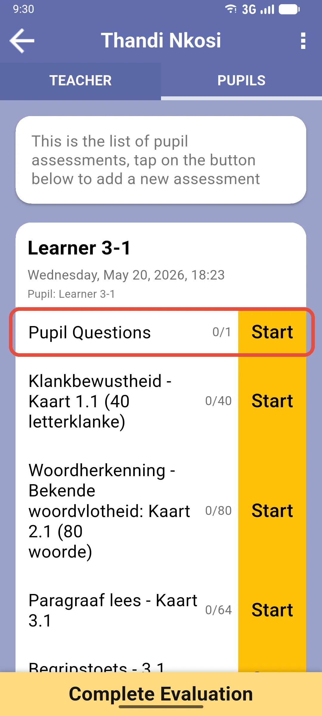 Pupil assessment home with the Pupil Questions row highlighted