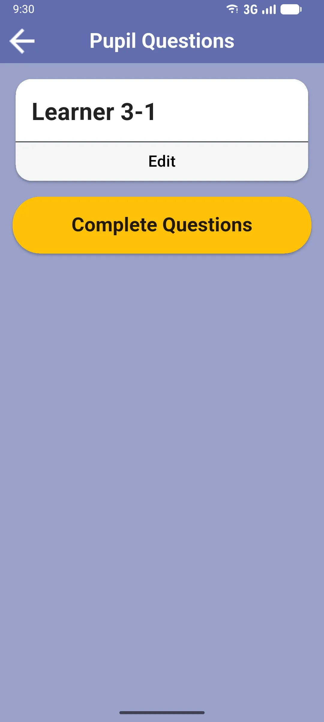 Pupil Questions screen with the pupil name and Complete Questions button
