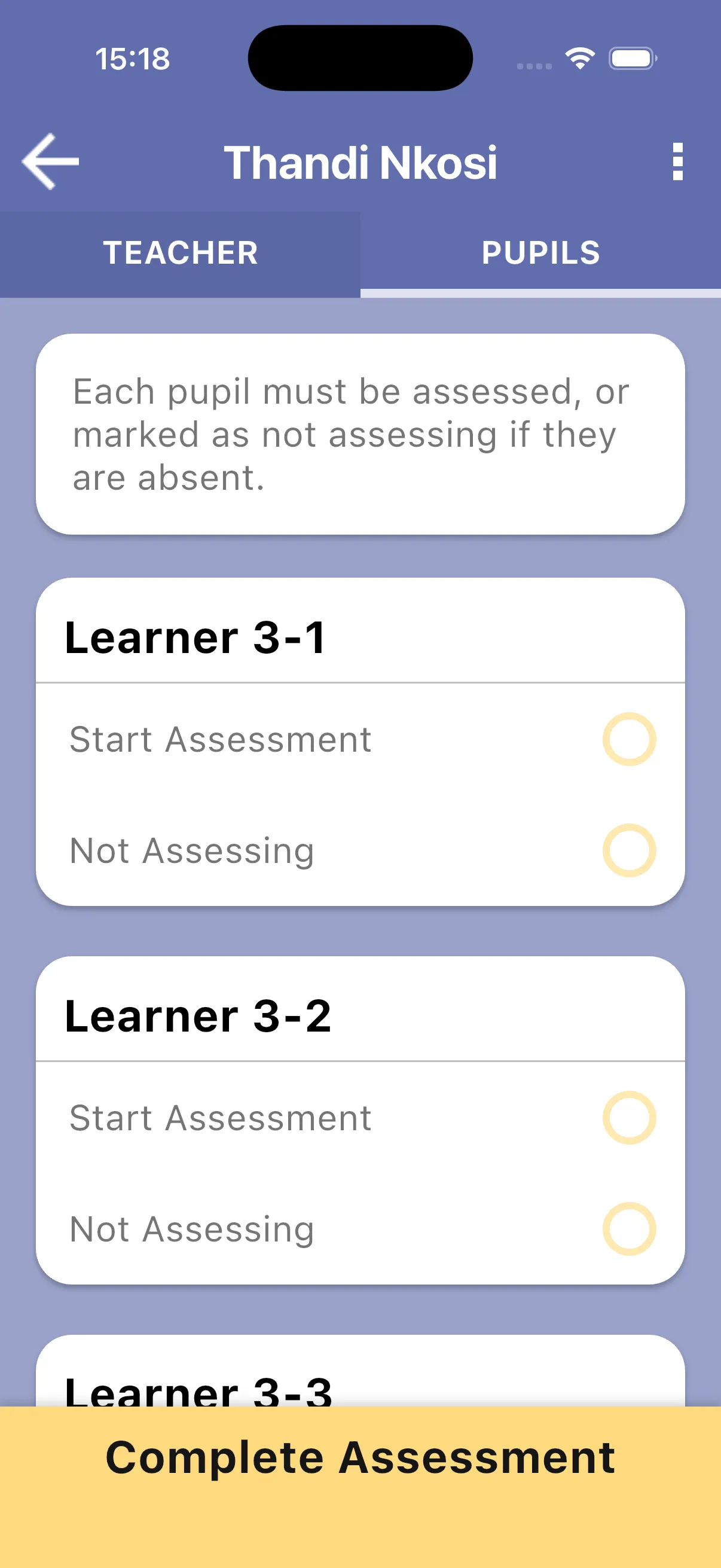 Demo pupil roster with Start Assessment and Not Assessing choices