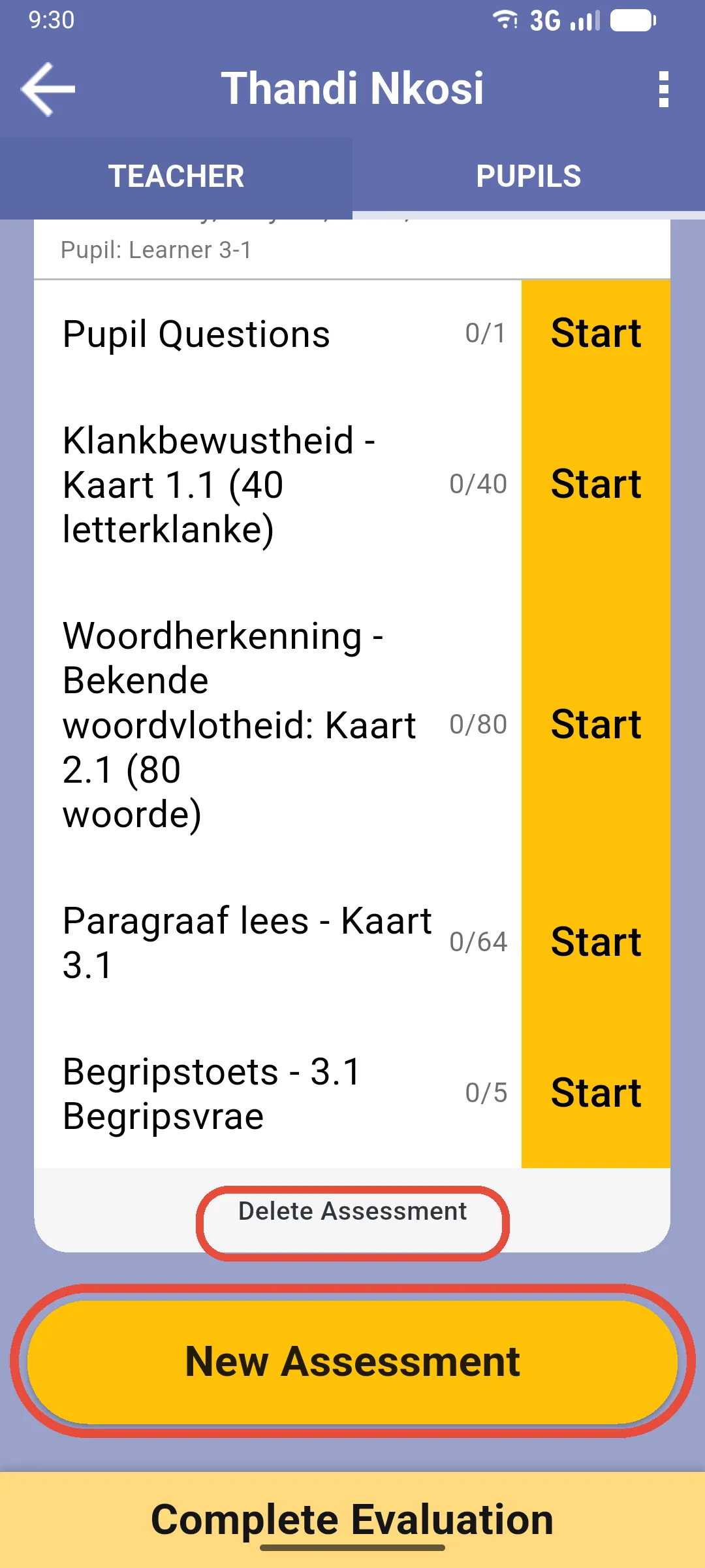 PUPILS tab scrolled to the bottom with the New Assessment button and the per-card Delete Assessment link highlighted