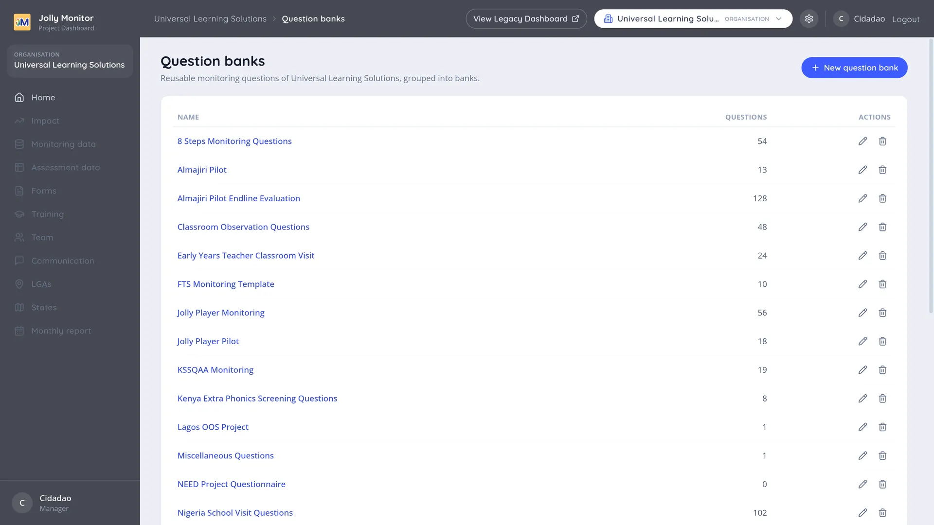 The Question banks page listing each bank with how many questions it holds