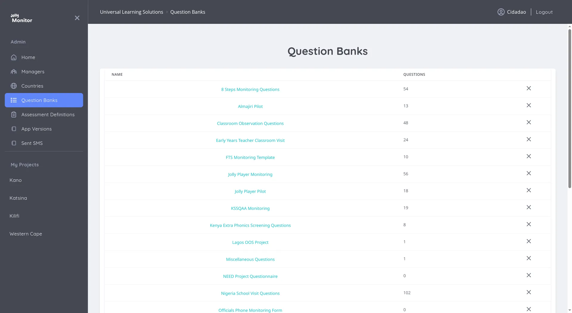 The Question Banks list with the Name and Questions columns