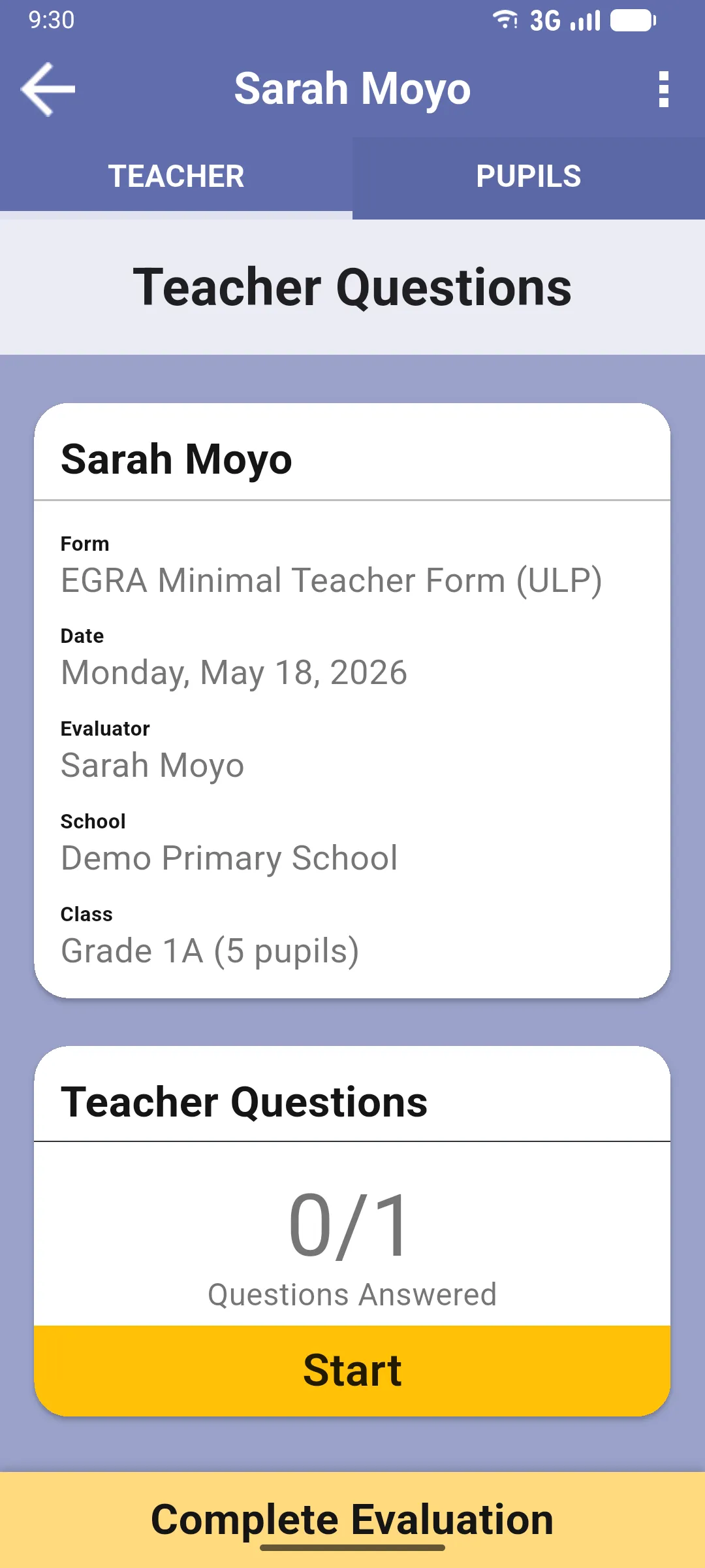 Internal evaluation screen with TEACHER tab active, showing form name, date, evaluator and school, and the Start button for Teacher Questions