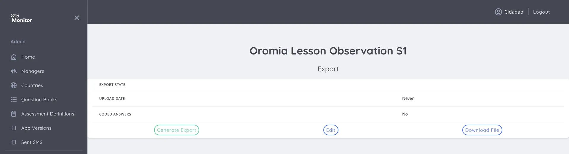 The Report Data Export page showing the export table and the Generate Export, Edit and Download File buttons
