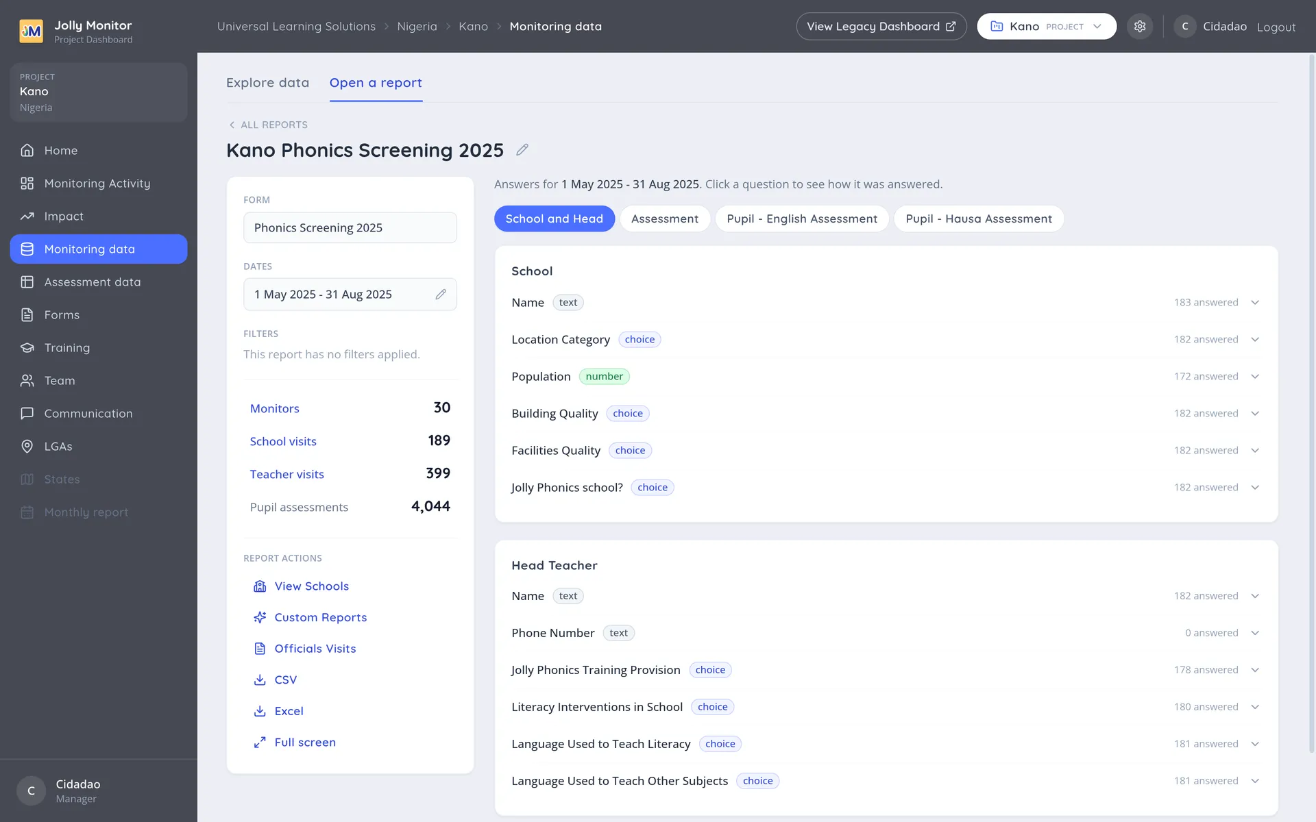 The Open a report tab with a report selected, showing its form, dates, filters and counters