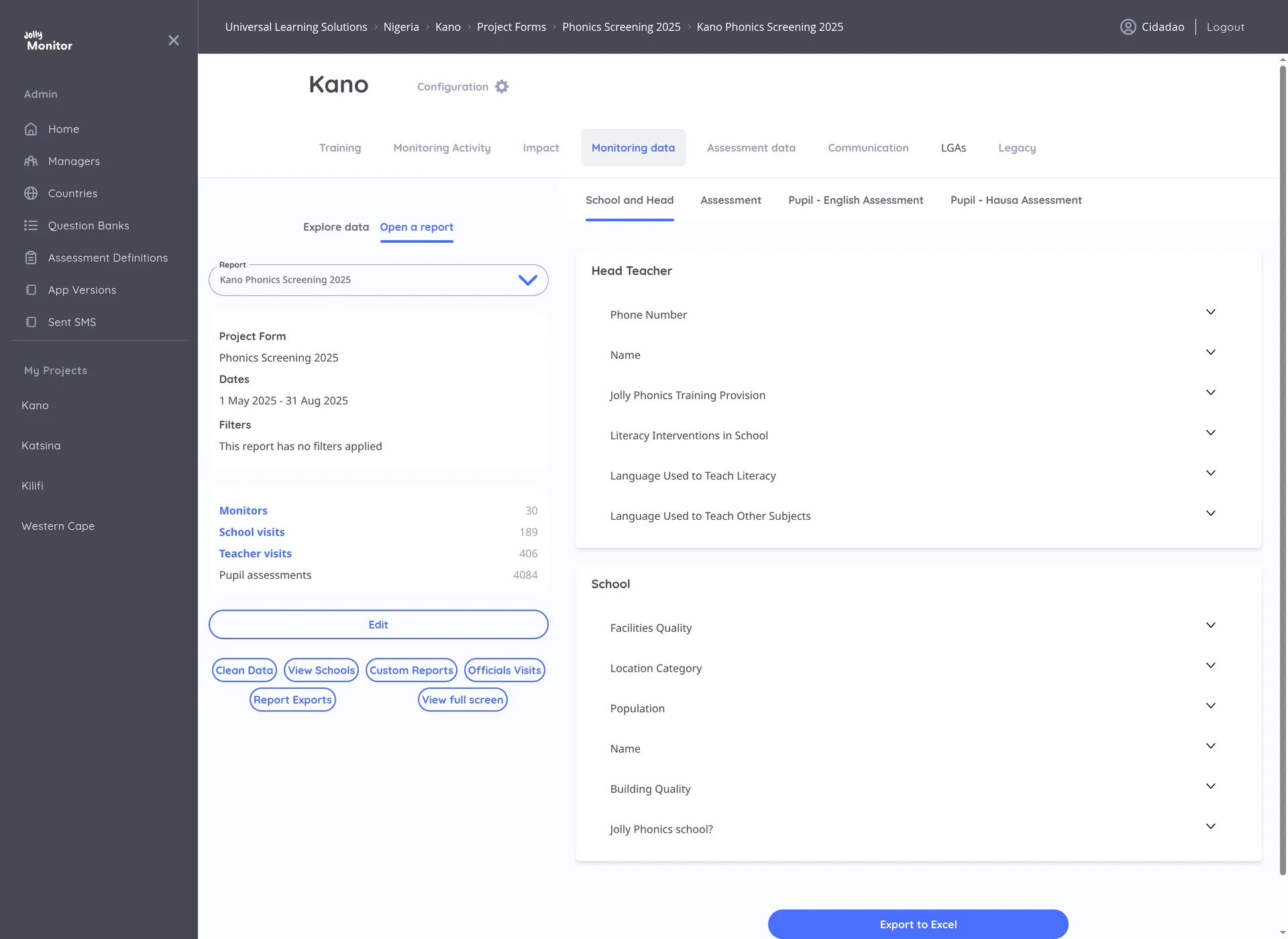 A Project Form Report showing the Project Form, Dates and Filters sections and the action buttons