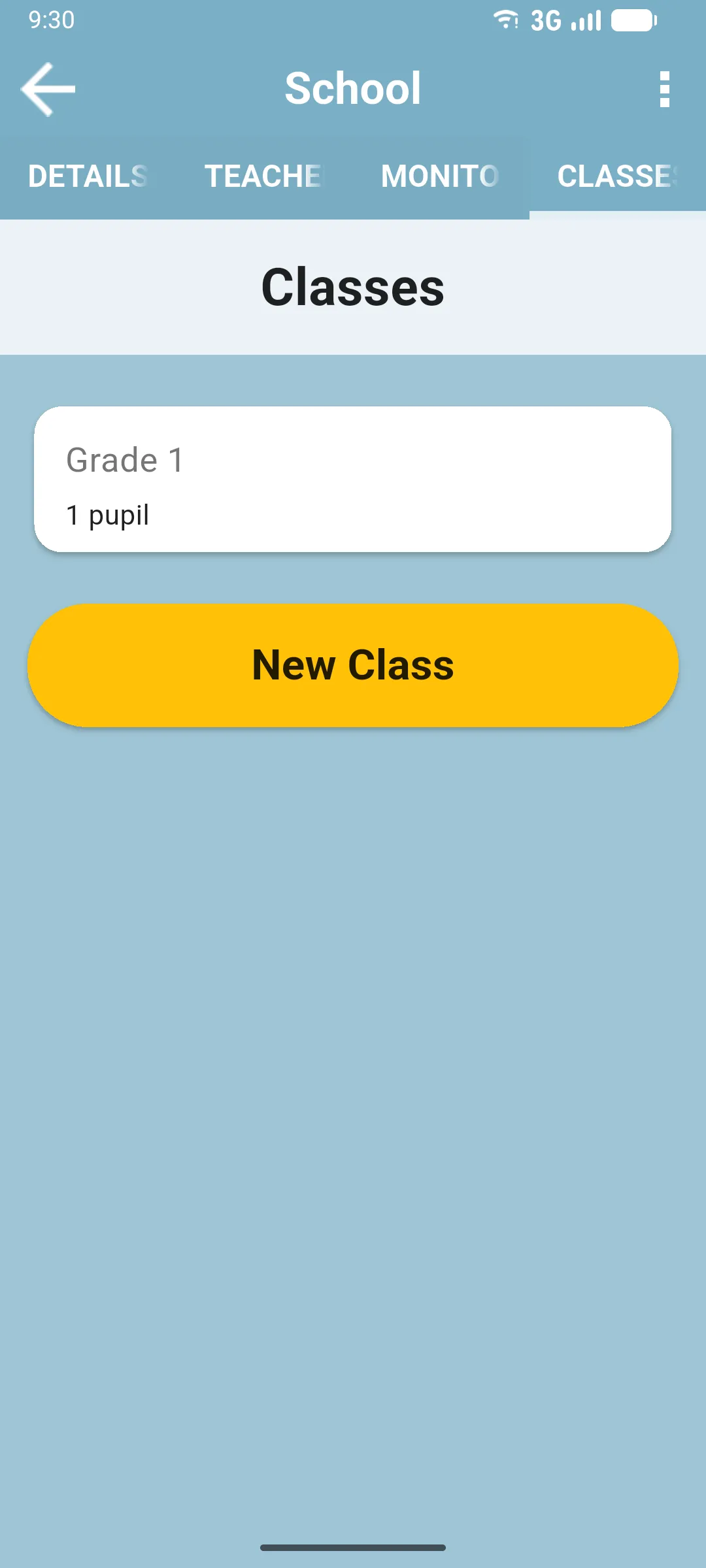 CLASSES tab inside a school with one class card showing the class name and pupil count, plus a New Class button