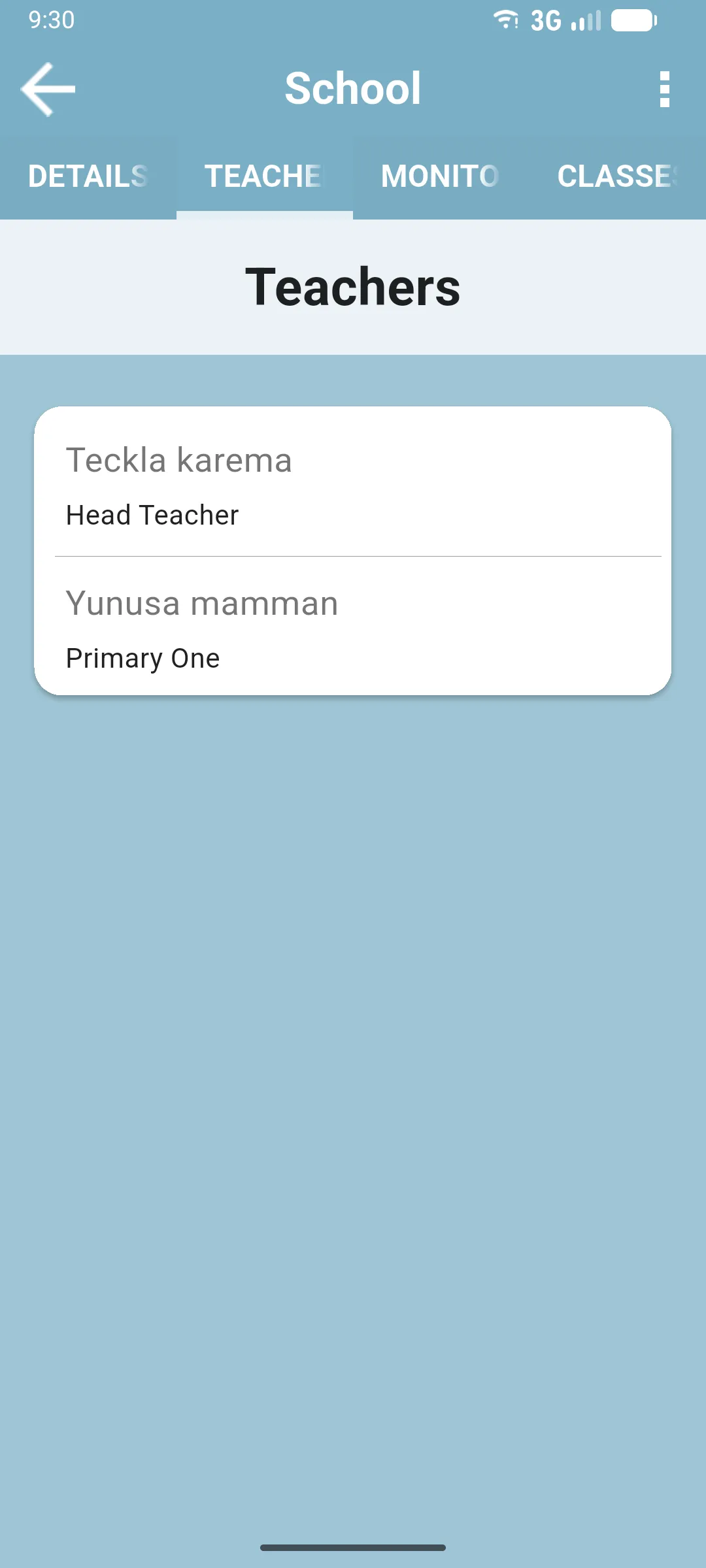 TEACHERS tab inside a school listing teachers with their name and designation