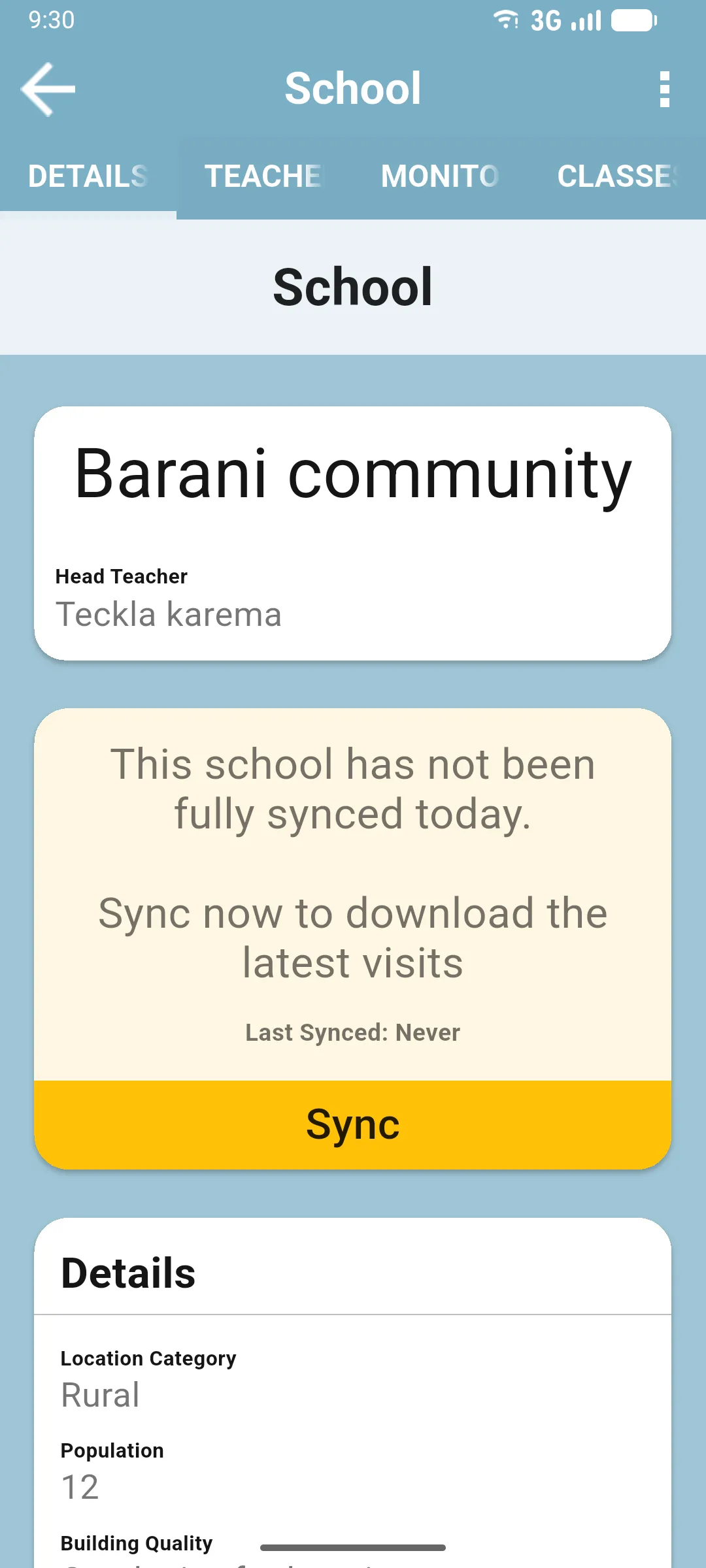 DETAILS tab on the school detail screen showing the school name, Head Teacher and details fields