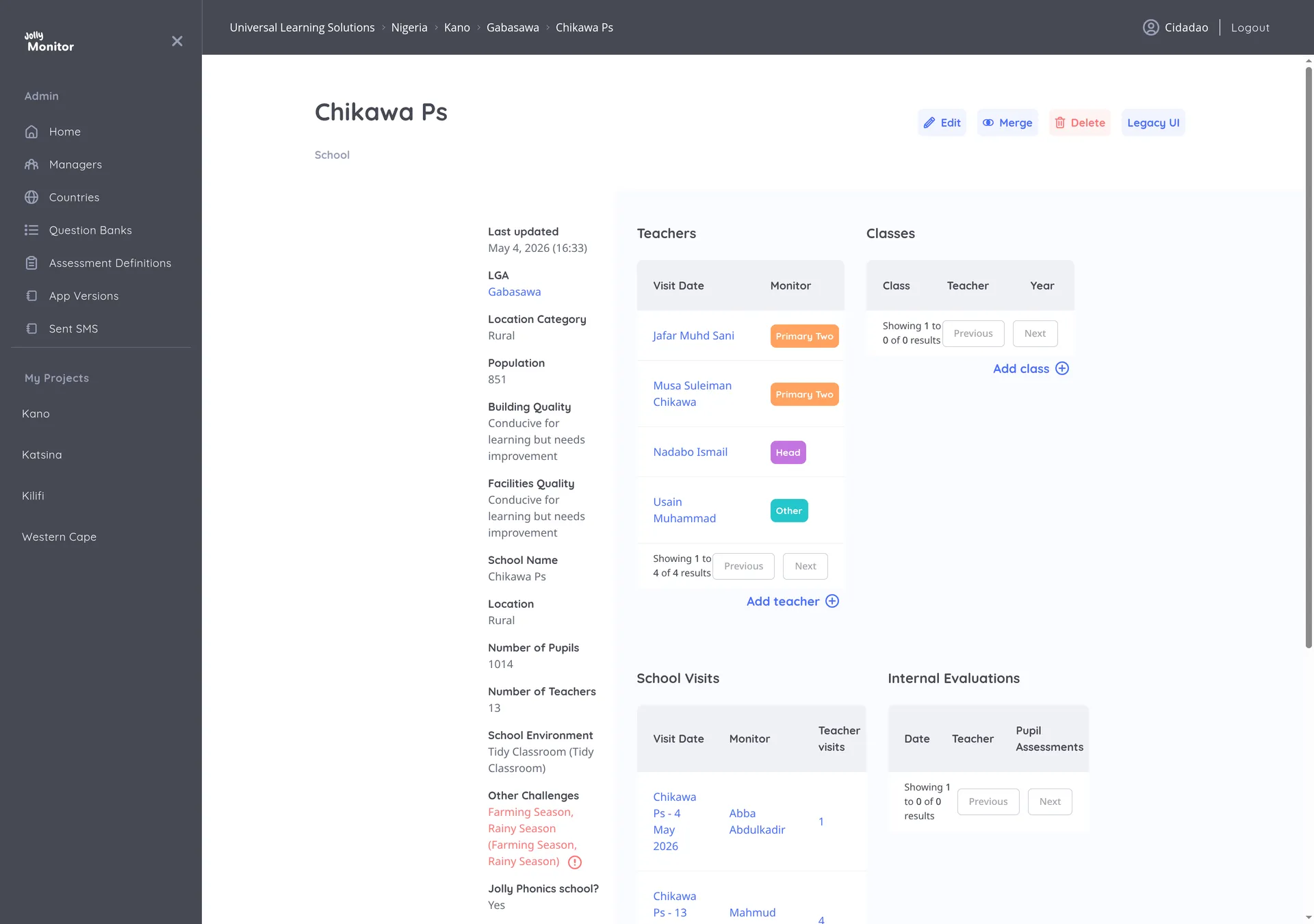 The School page showing the school's details and the Teachers, Classes, School Visits and Internal Evaluations tables