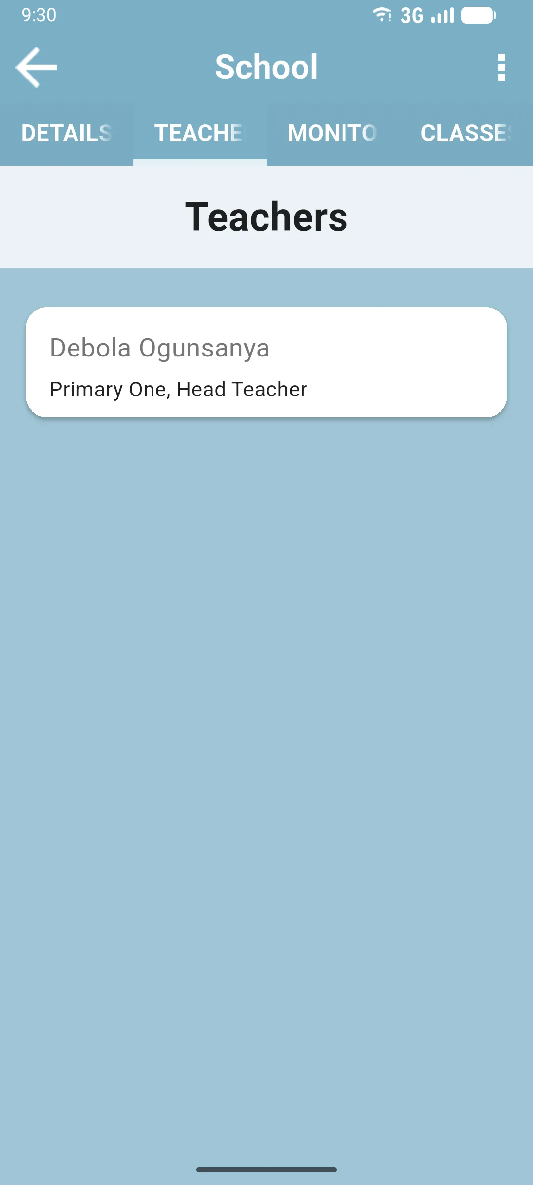 School detail on the TEACHERS tab showing the list of teacher cards