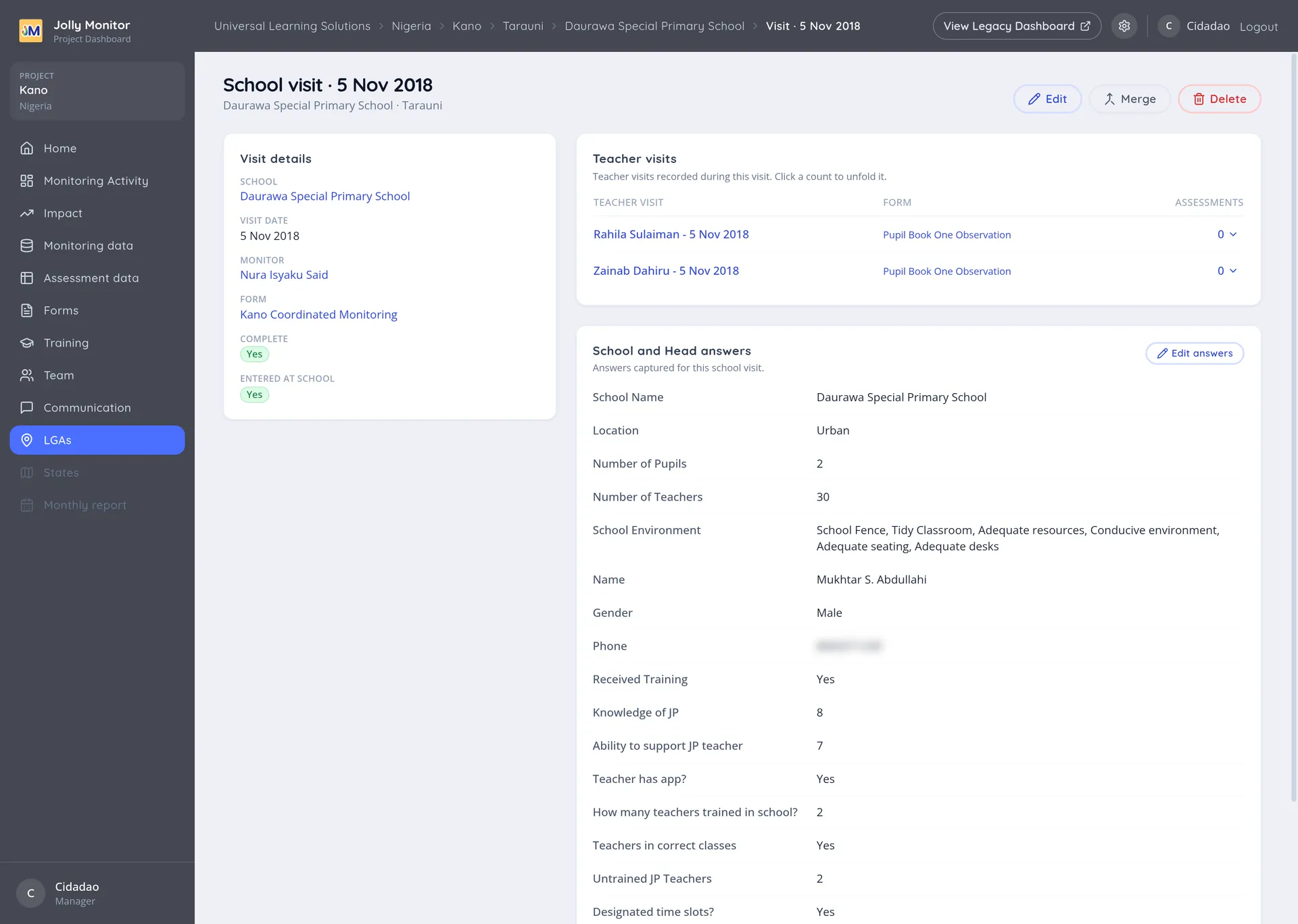 A school visit page with its details, the teacher visits table and the school and head answers