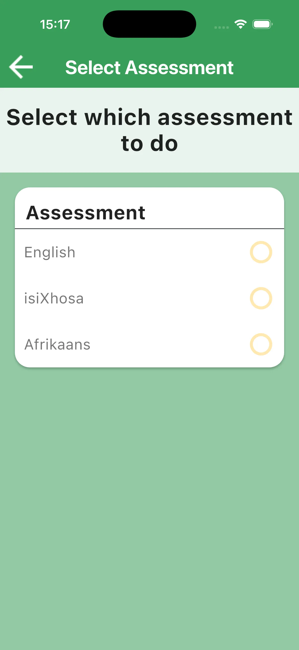 Select Assessment showing the form language choices