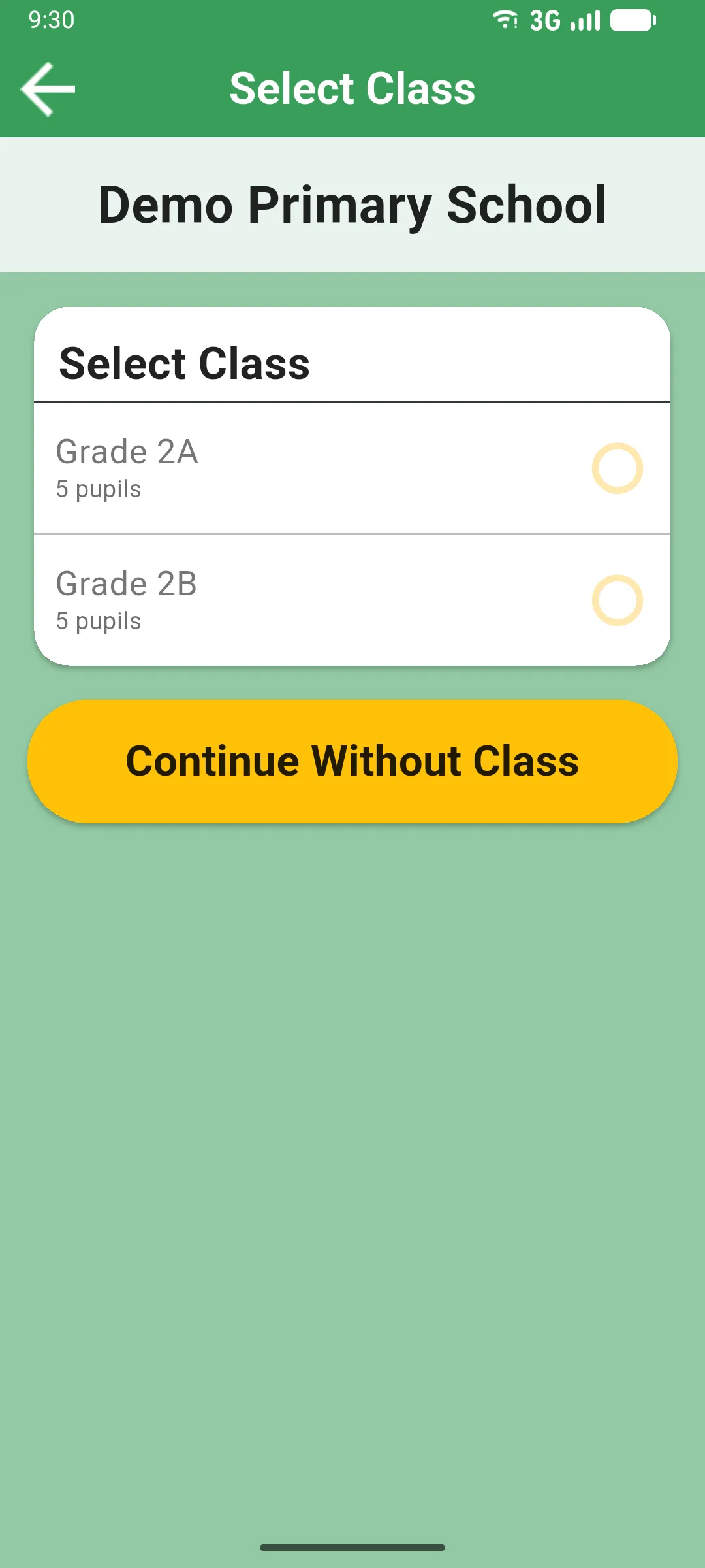 Select Class screen with the teacher's classes and a Continue Without Class button