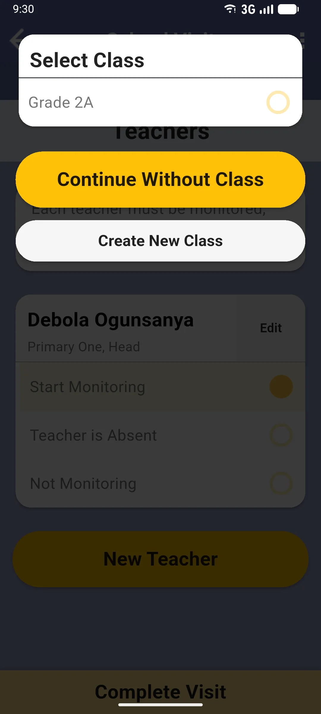 Select Class dialog with one class (Grade 2A), a Continue Without Class button and a Create New Class button