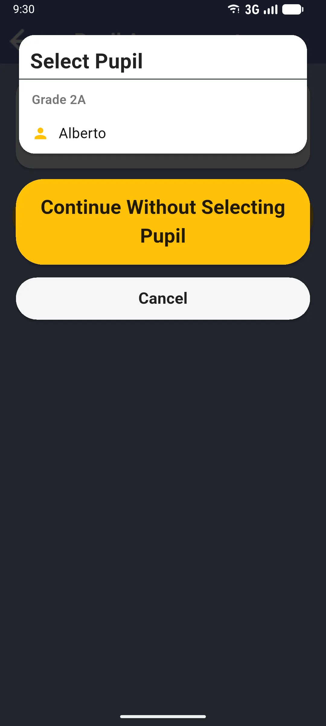 Select Pupil dialog with classes and pupils, plus a Continue Without Selecting Pupil option