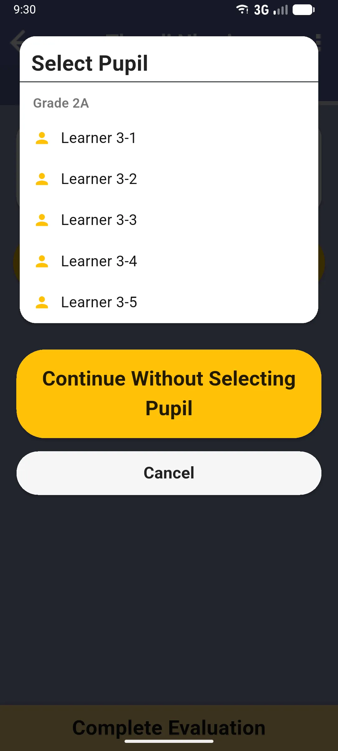 Select Pupil dialog with classes and pupils, plus a Continue Without Selecting Pupil option