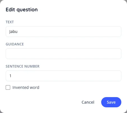 Question editor with the Sentence number field
