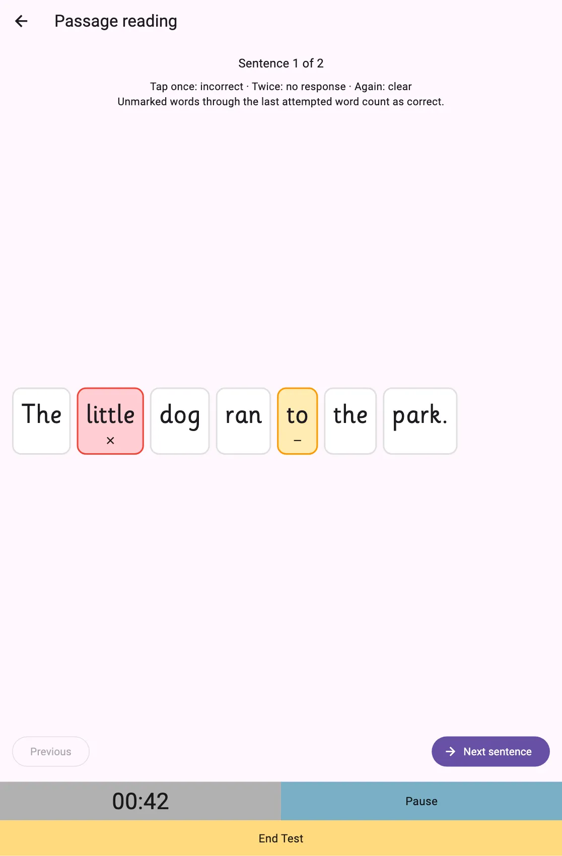 Sentence assessment showing all the words together, an incorrect word and a no-response word